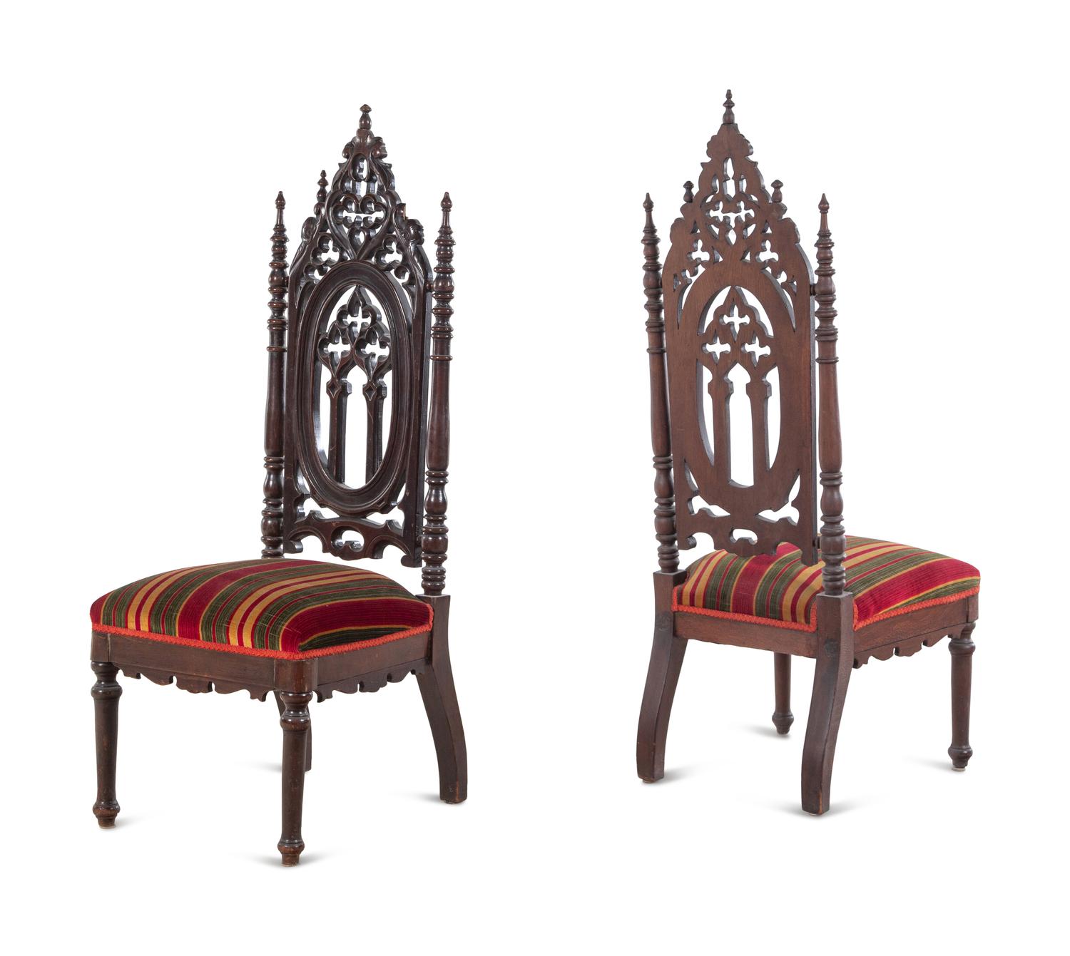 A Pair of Victorian Gothic Carved Walnut Side Chairs