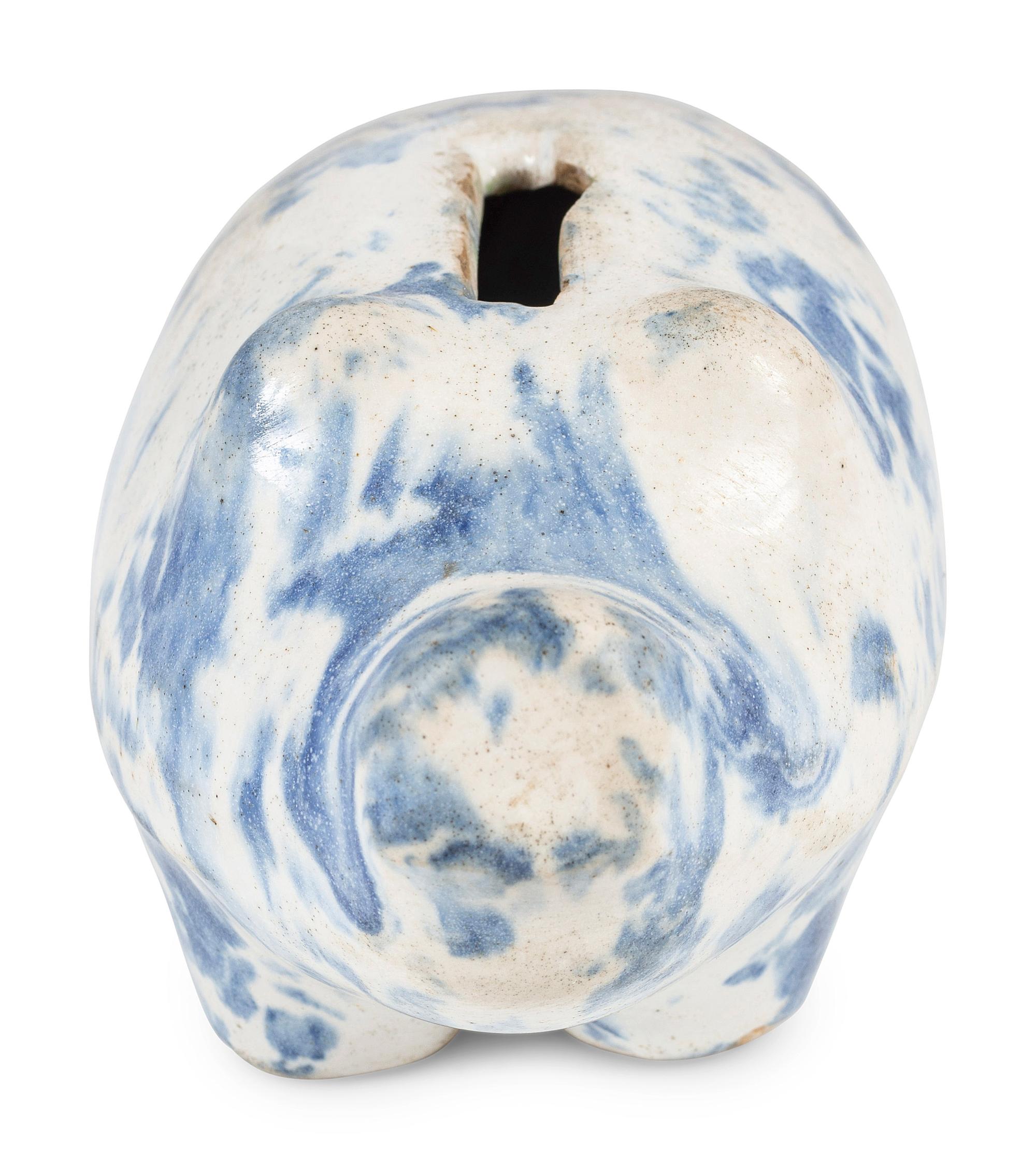 An Ohio Blue Sponge Painted Pitcher and Pig Bank