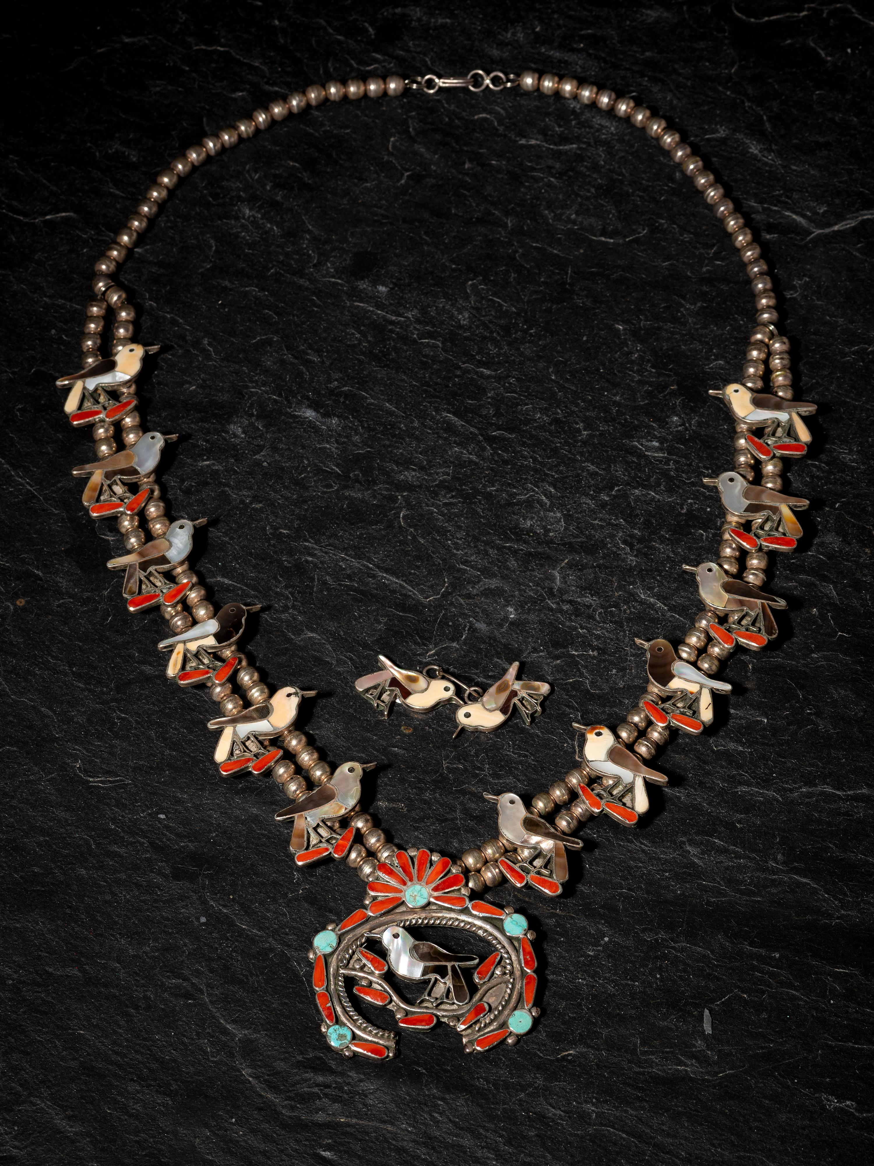 Zuni Avian Squash Blossom Necklace and Earrings
