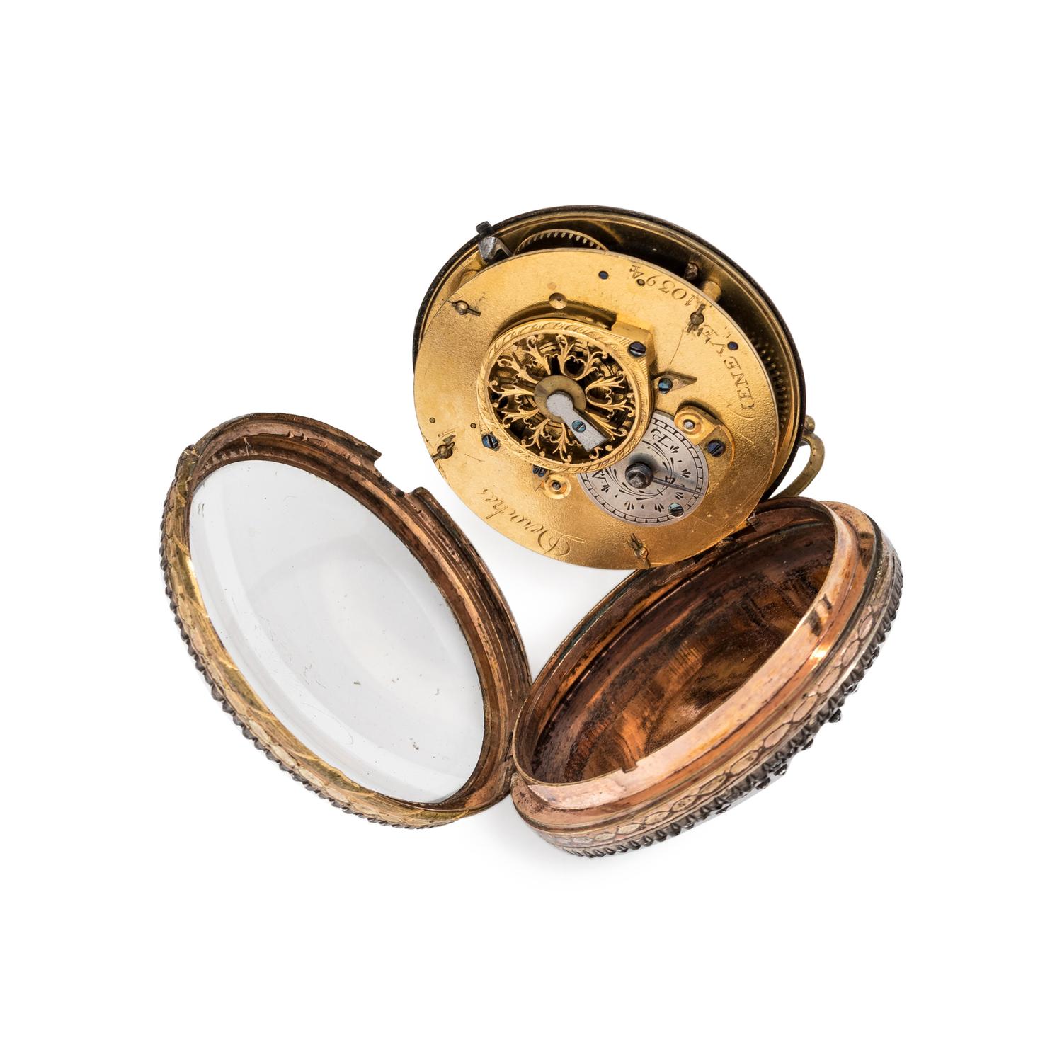 DEROCHES, PASTE AND ENAMEL OPEN FACE POCKET WATCH