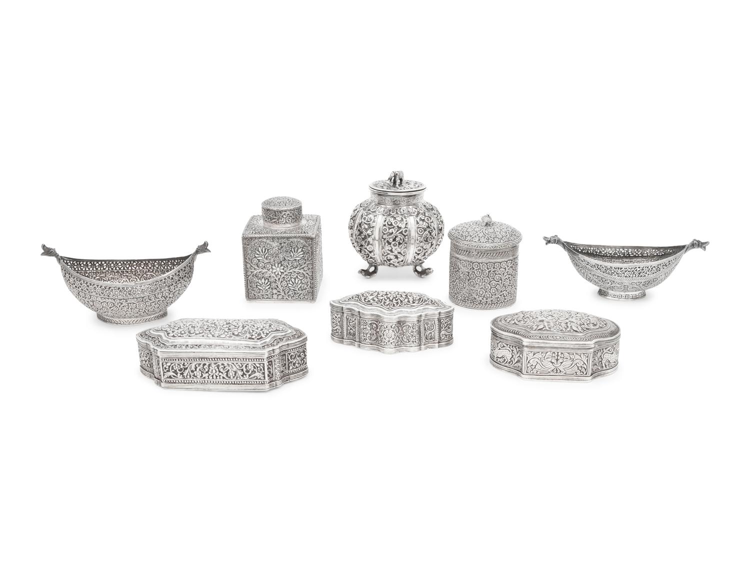 A Collection of Eight Indian Kutch Silver Table Articles