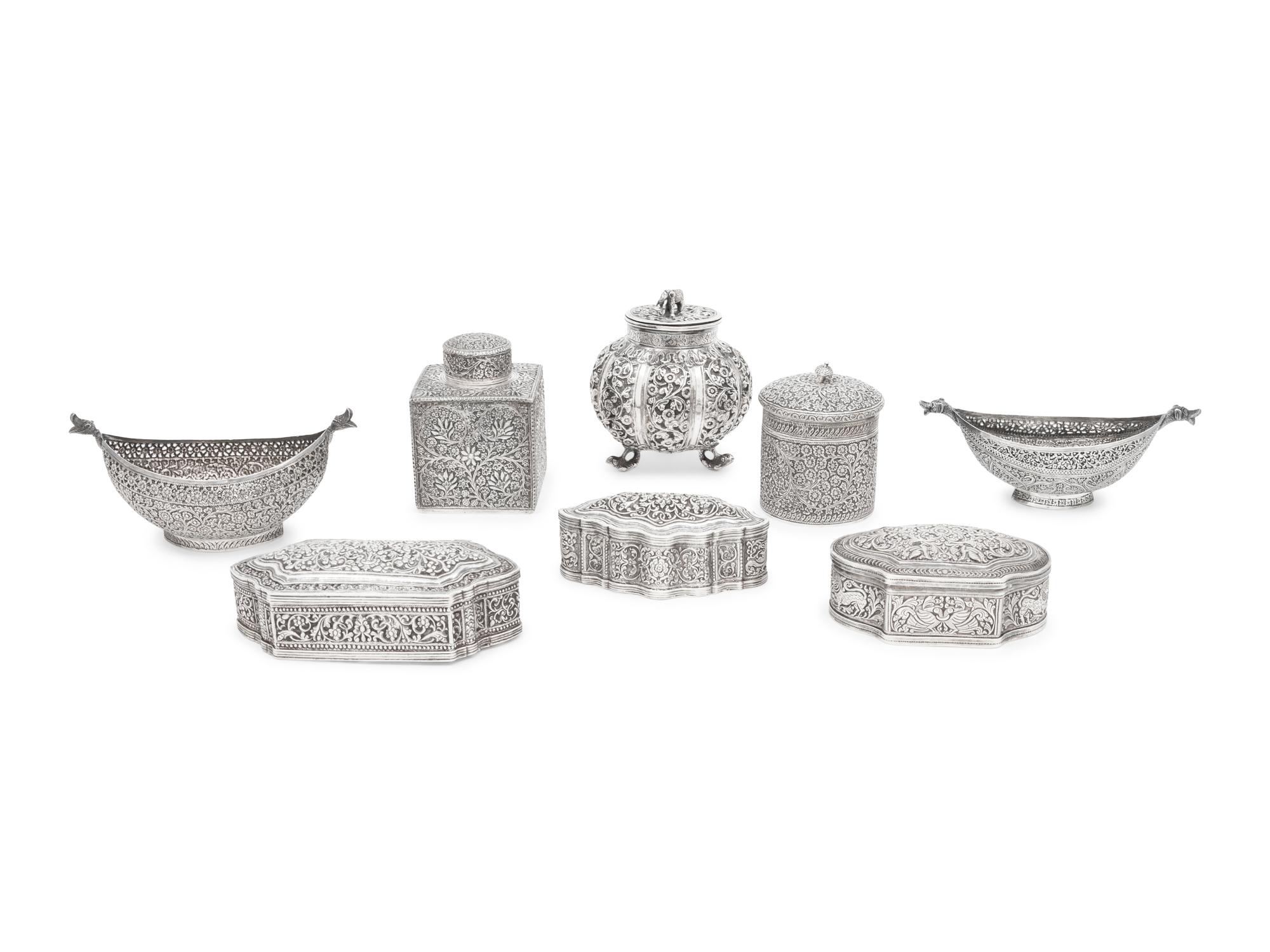 A Collection of Eight Indian Kutch Silver Table Articles