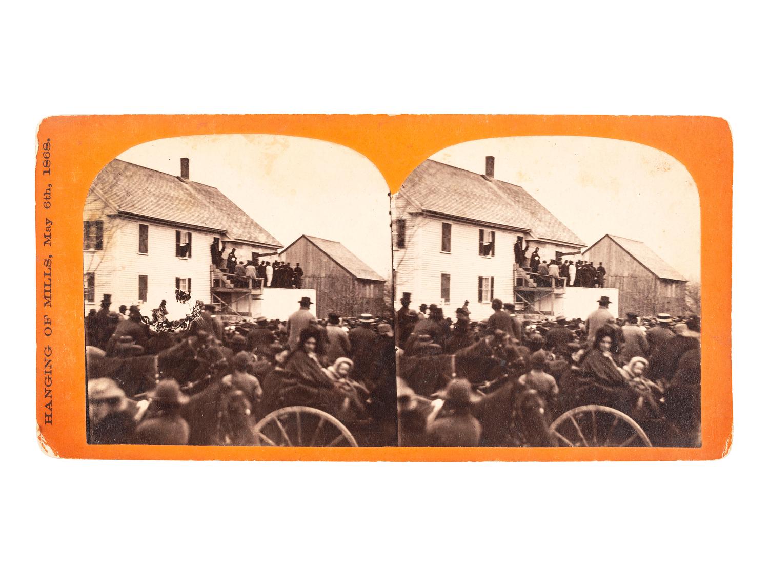 [CRIME & PUNISHMENT]. Stereoview showing the hanging of Samuel Mills, the last public hanging in New Hampshire. 6 May 1868.