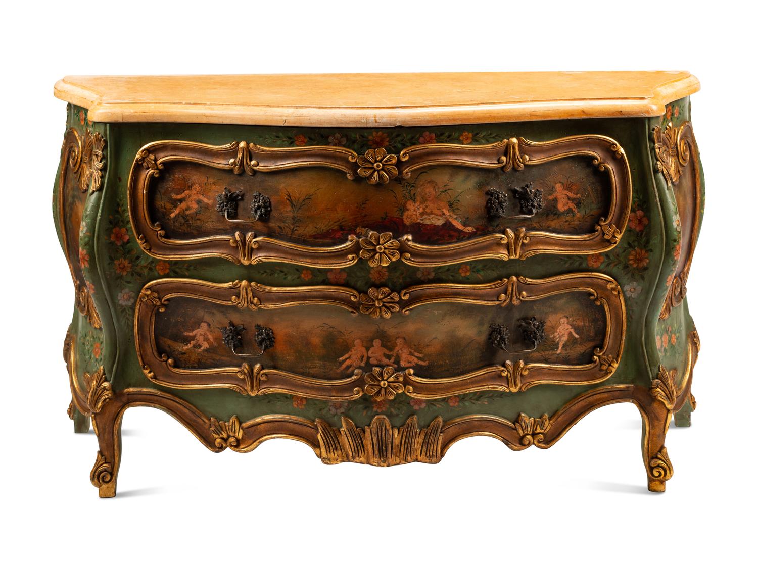 A Venetian Style Painted Marble-Top Commode