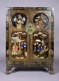 A Chinese Lacquered, Mother-of-Pearl and Hardstone Inset Cabinet, Height 43 x width 31 x depth 15 inches.
