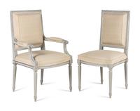 A Set of Ten Louis XVI Style Gray Painted Dining Chairs