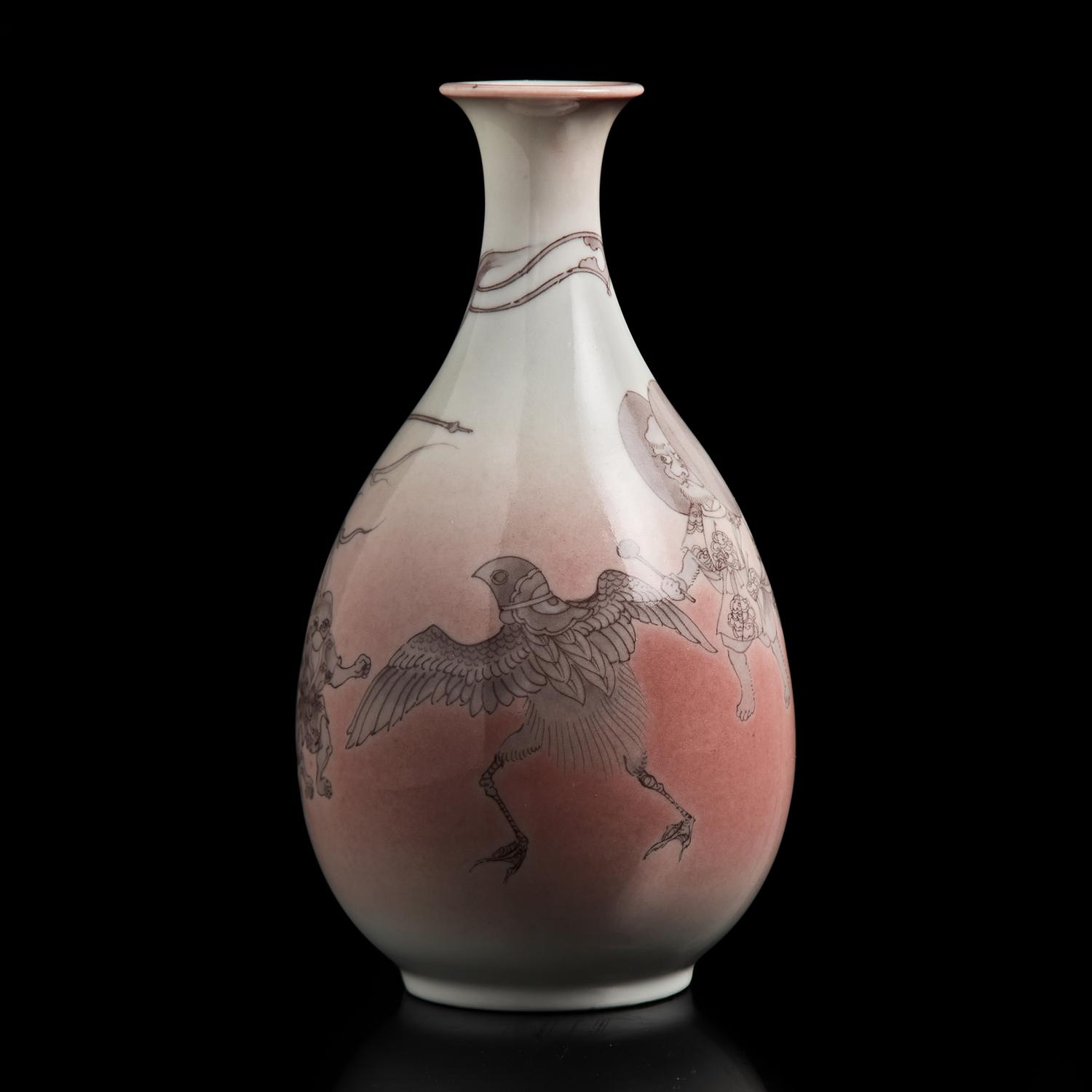 An Unusual Japanese Underglaze Red-Decorated "Goblins" Cabinet Vase, Underglaze Blue Seal Mark Makuzu Kozan