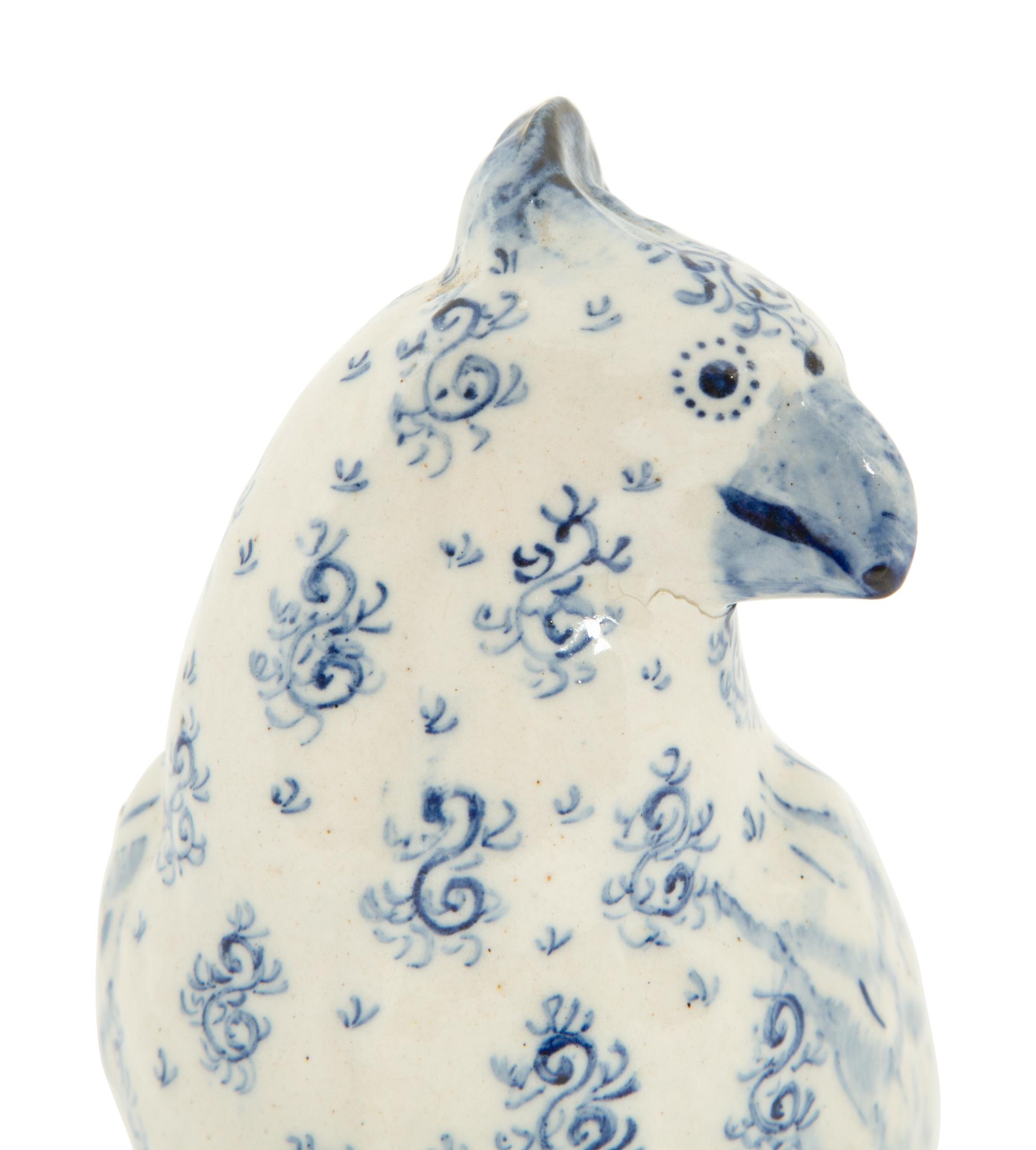 A Blue and White Spongeware Model of a Parrot