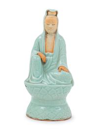 A Longquan Glazed Biscuit Figure of Guanyin