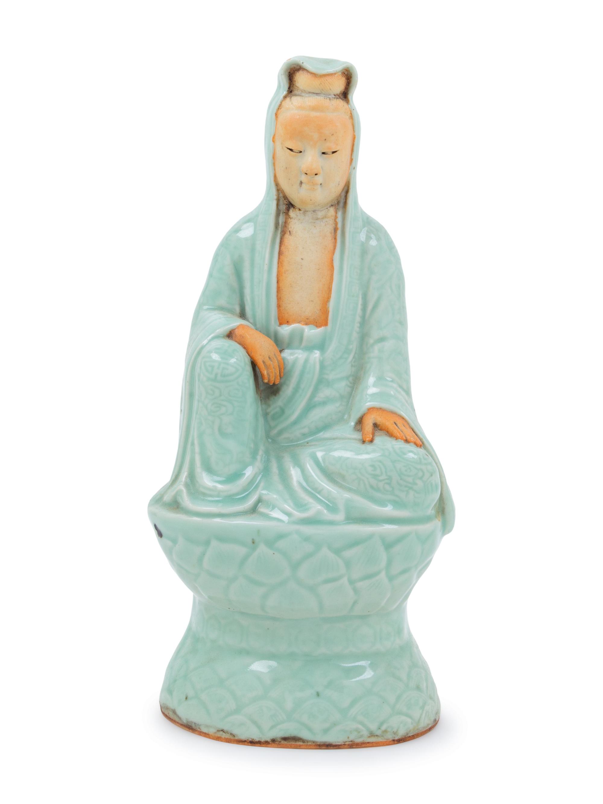 A Longquan Glazed Biscuit Figure of Guanyin