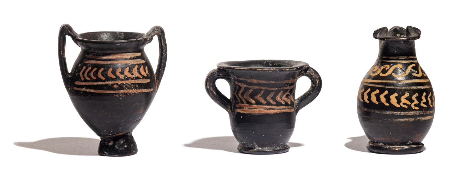 Three Xenon-Ware Miniature Black-Glazed Kantharoi