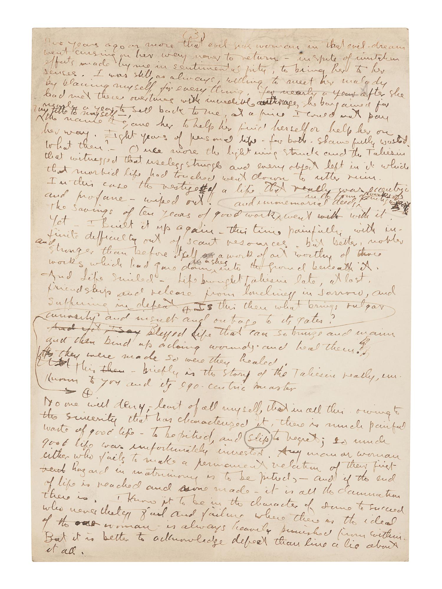 WRIGHT, Frank Lloyd (1867-1959). Autograph manuscript signed ("Frank Lloyd Wright"), entitled "Taliesin III," numerous holograph emendations and corrections in ink, a few in pencil N.p. Taliesin, 8 June 1926. 5 1/2 pages, 4to, creased.