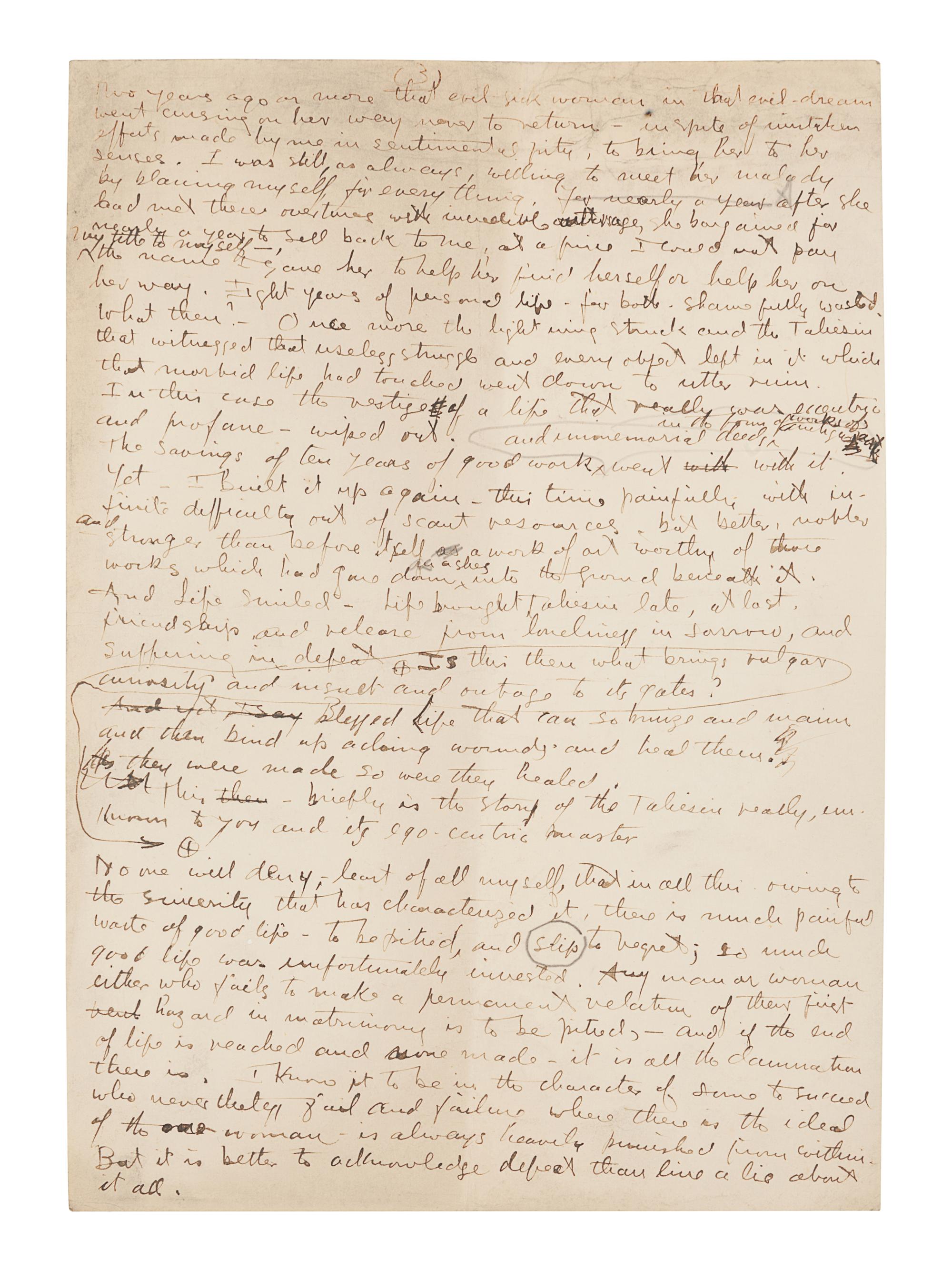 WRIGHT, Frank Lloyd (1867-1959). Autograph manuscript signed ("Frank Lloyd Wright"), entitled "Taliesin III," numerous holograph emendations and corrections in ink, a few in pencil N.p. Taliesin, 8 June 1926. 5 1/2 pages, 4to, creased.
