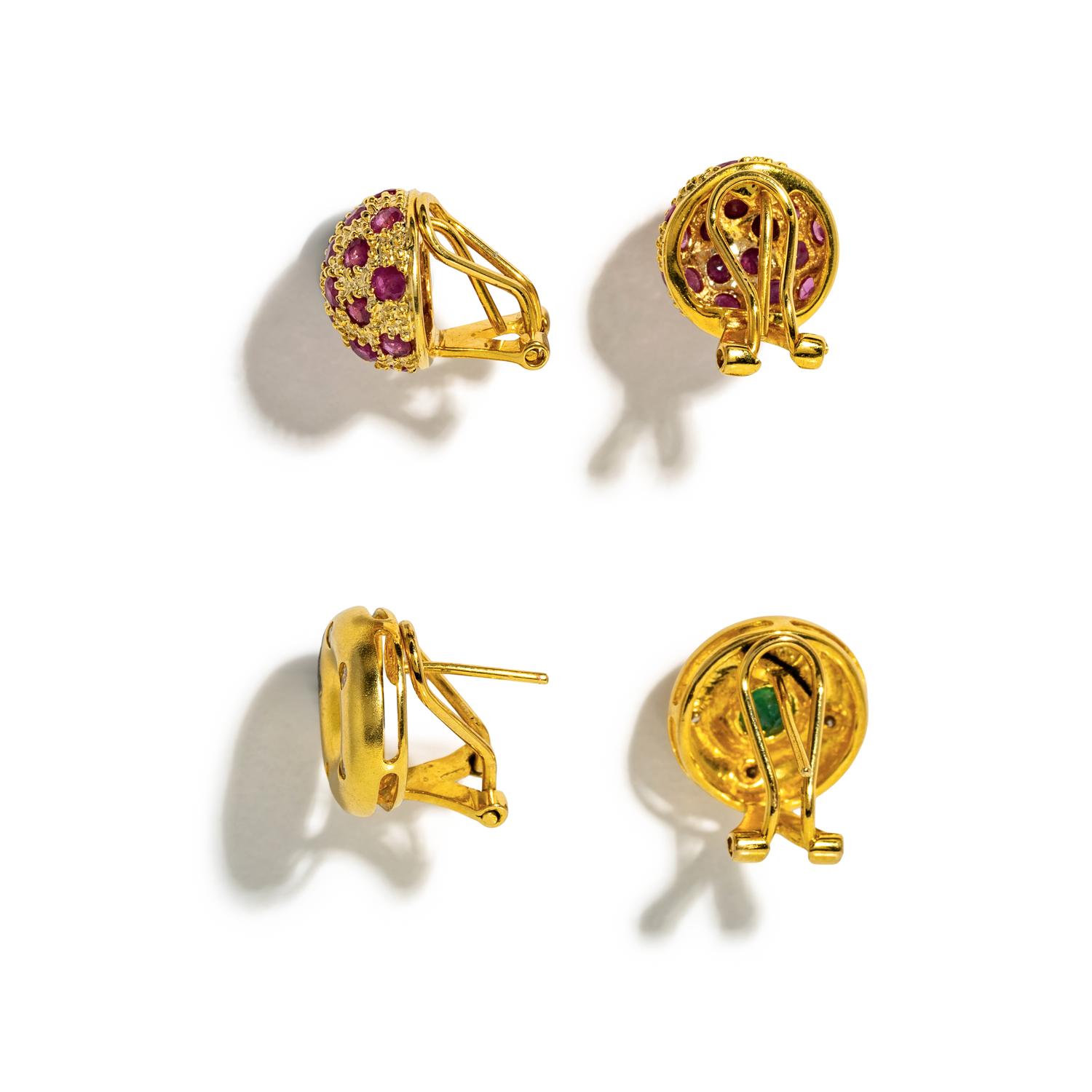 TWO PAIRS OF YELLOW GOLD AND MULTIGEM EARRINGS