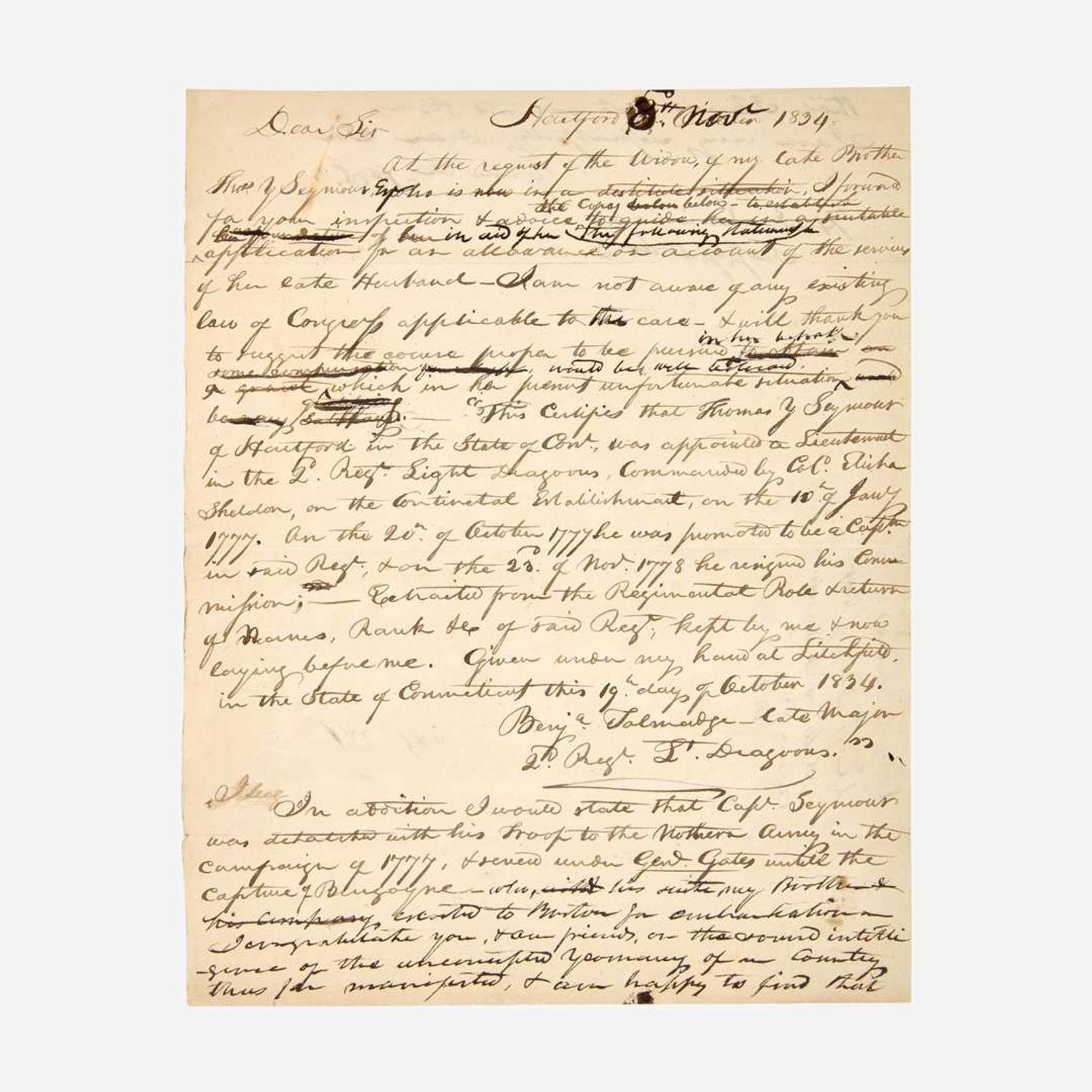 [American Revolution] Tallmadge, Benjamin Autograph Document, signed