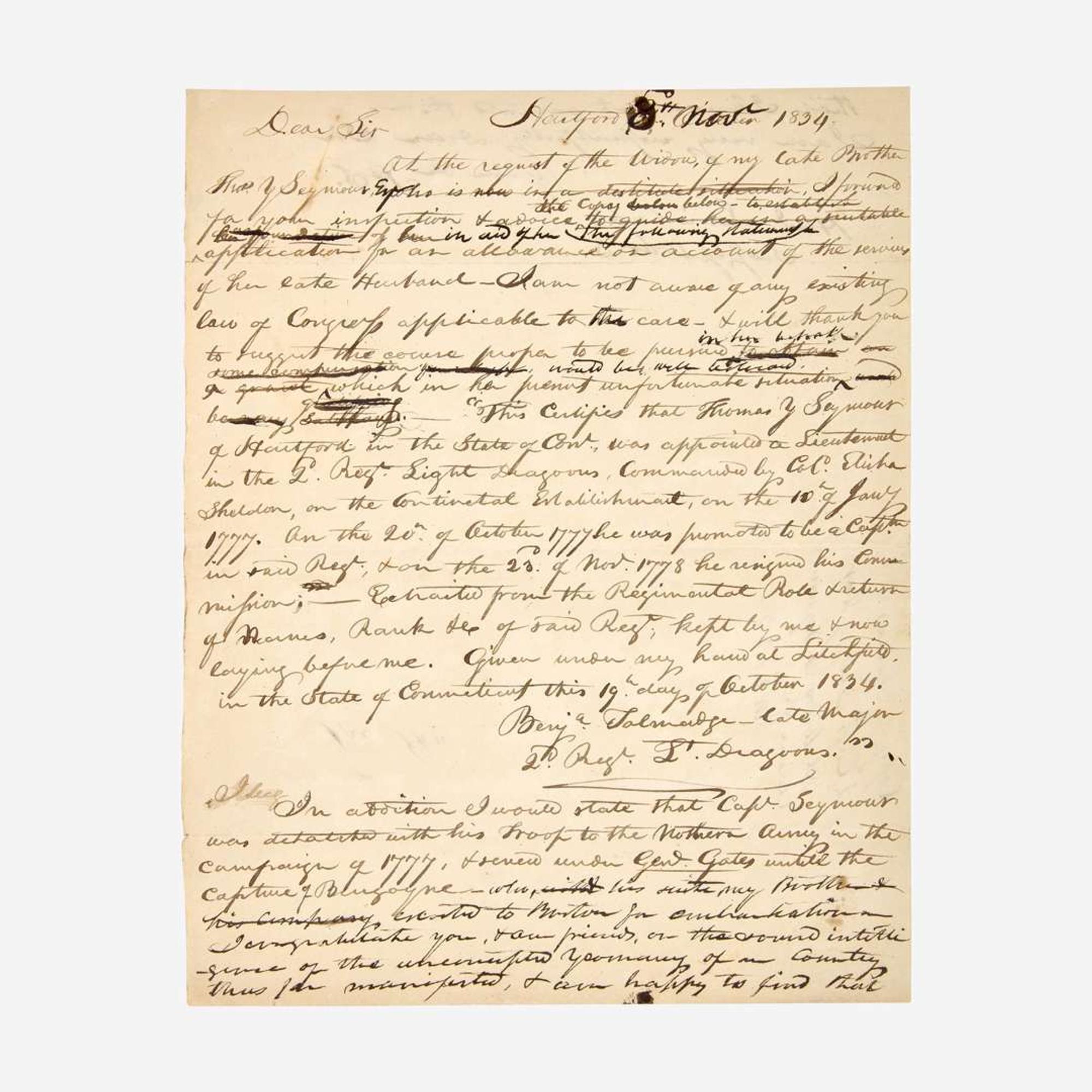 [American Revolution] Tallmadge, Benjamin Autograph Document, signed