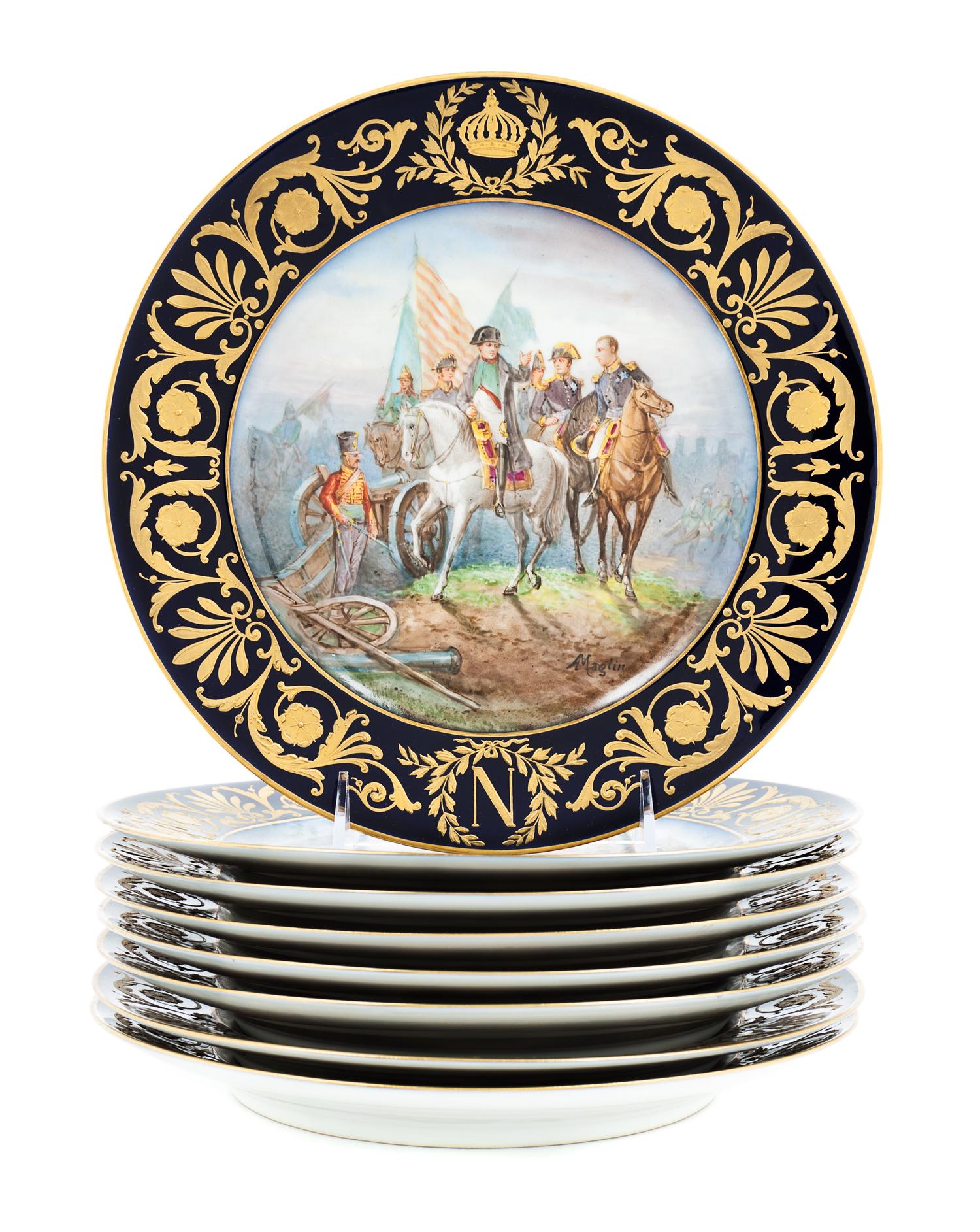 A Set of Eight Sevres Porcelain Napoleonic Plates Diameter 9 1/2 inches. — 19TH CENTURY