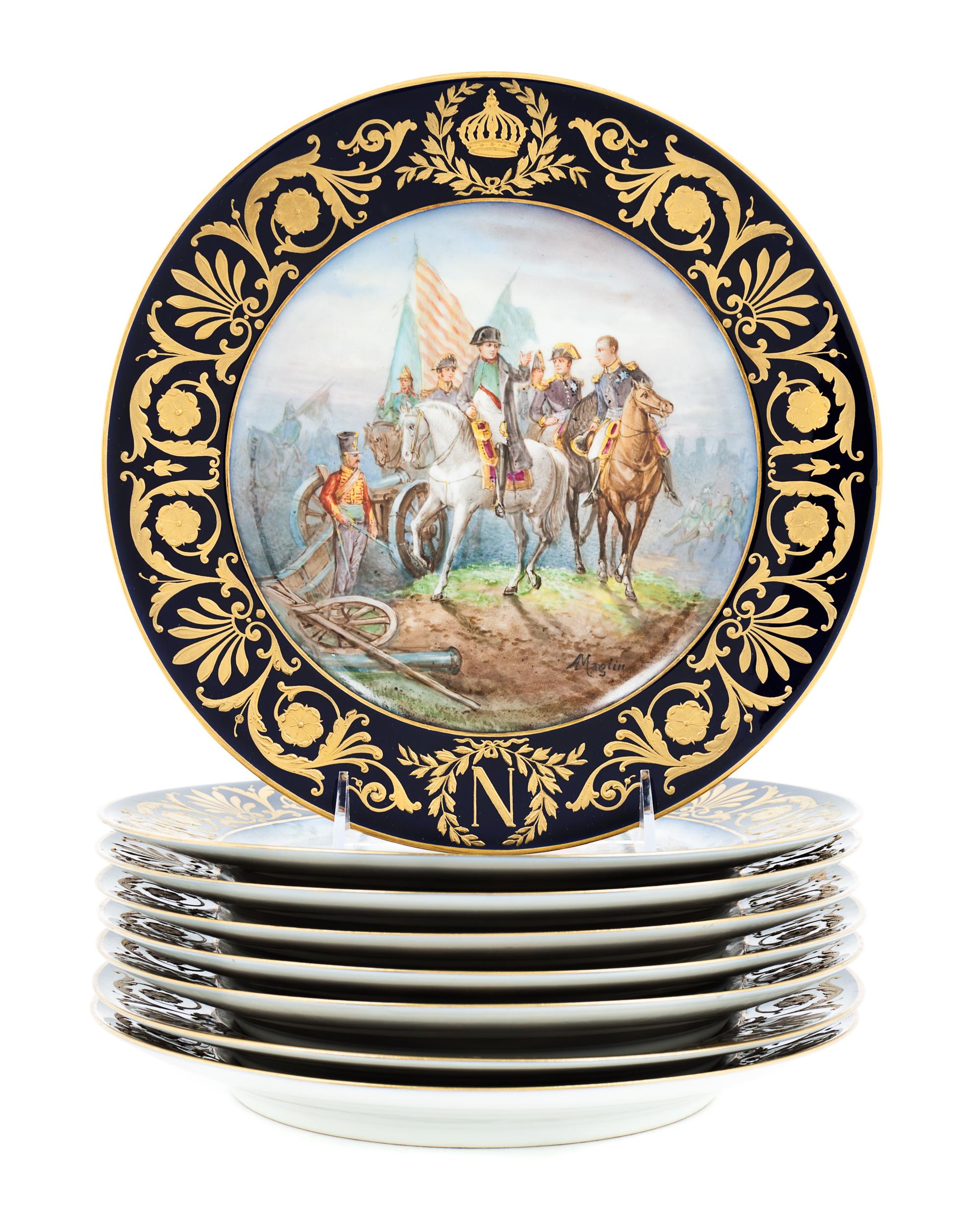 A Set of Eight Sevres Porcelain Napoleonic Plates Diameter 9 1/2 inches. — 19TH CENTURY