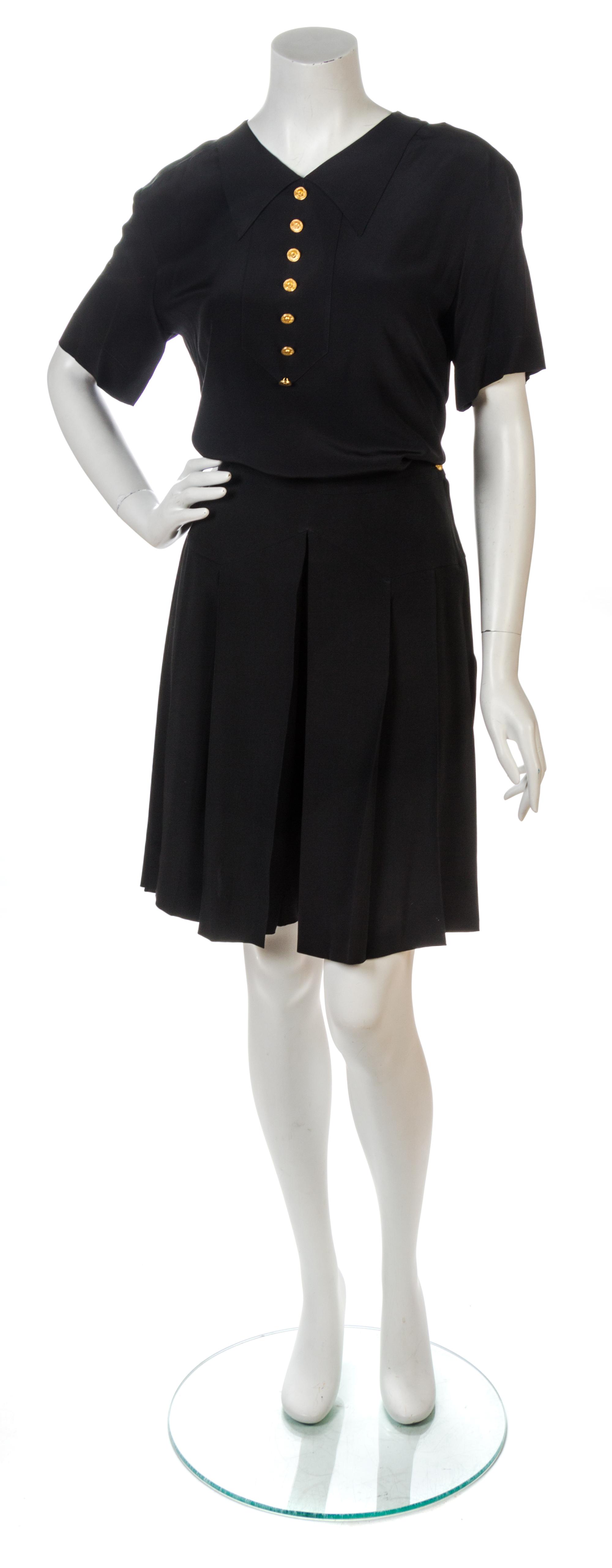 A Chanel Black Silk Skirt Ensemble, Top size 38, skirt size 40