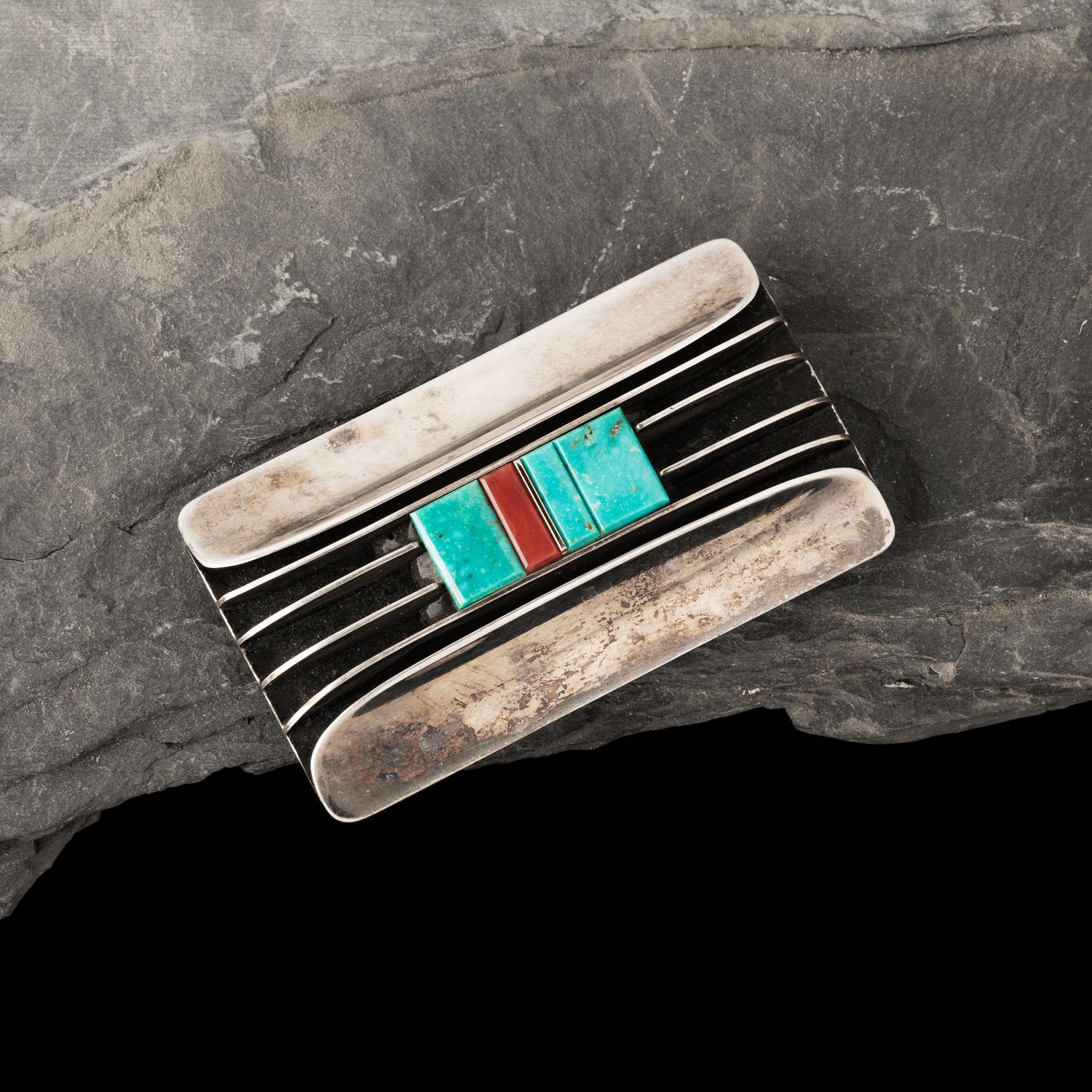 Victor Beck (Diné, 1941-2022) — Fluted Silver Belt Buckle with Inlay