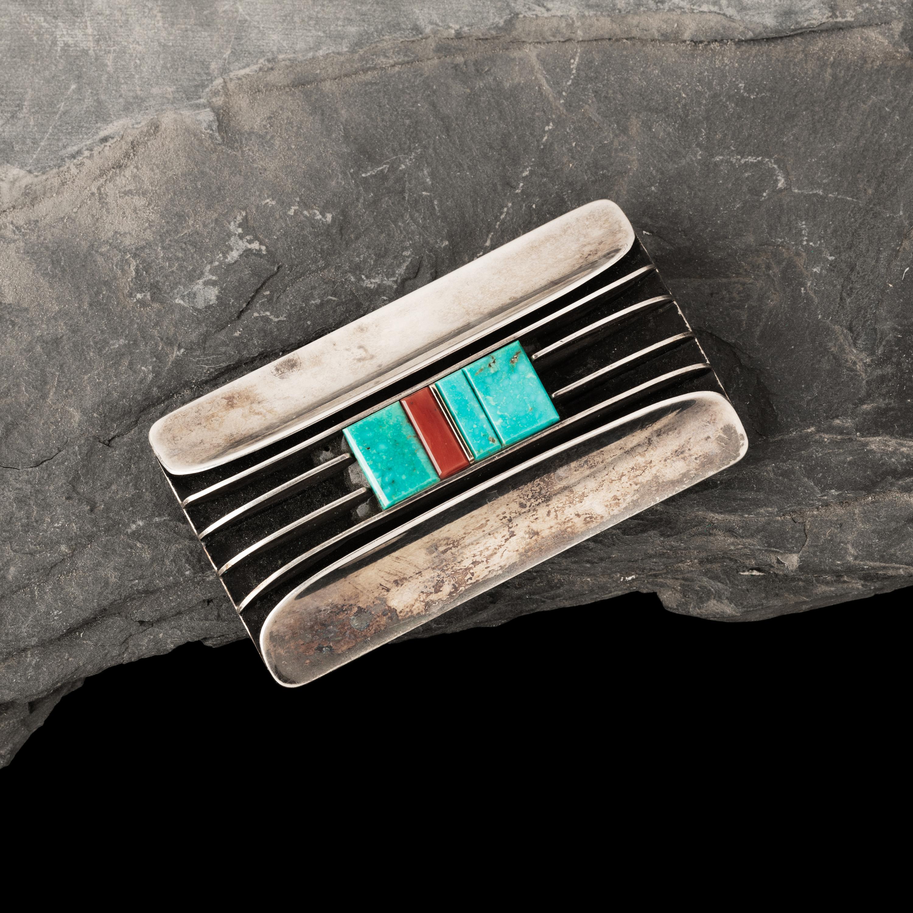 Victor Beck (Diné, 1941-2022) — Fluted Silver Belt Buckle with Inlay