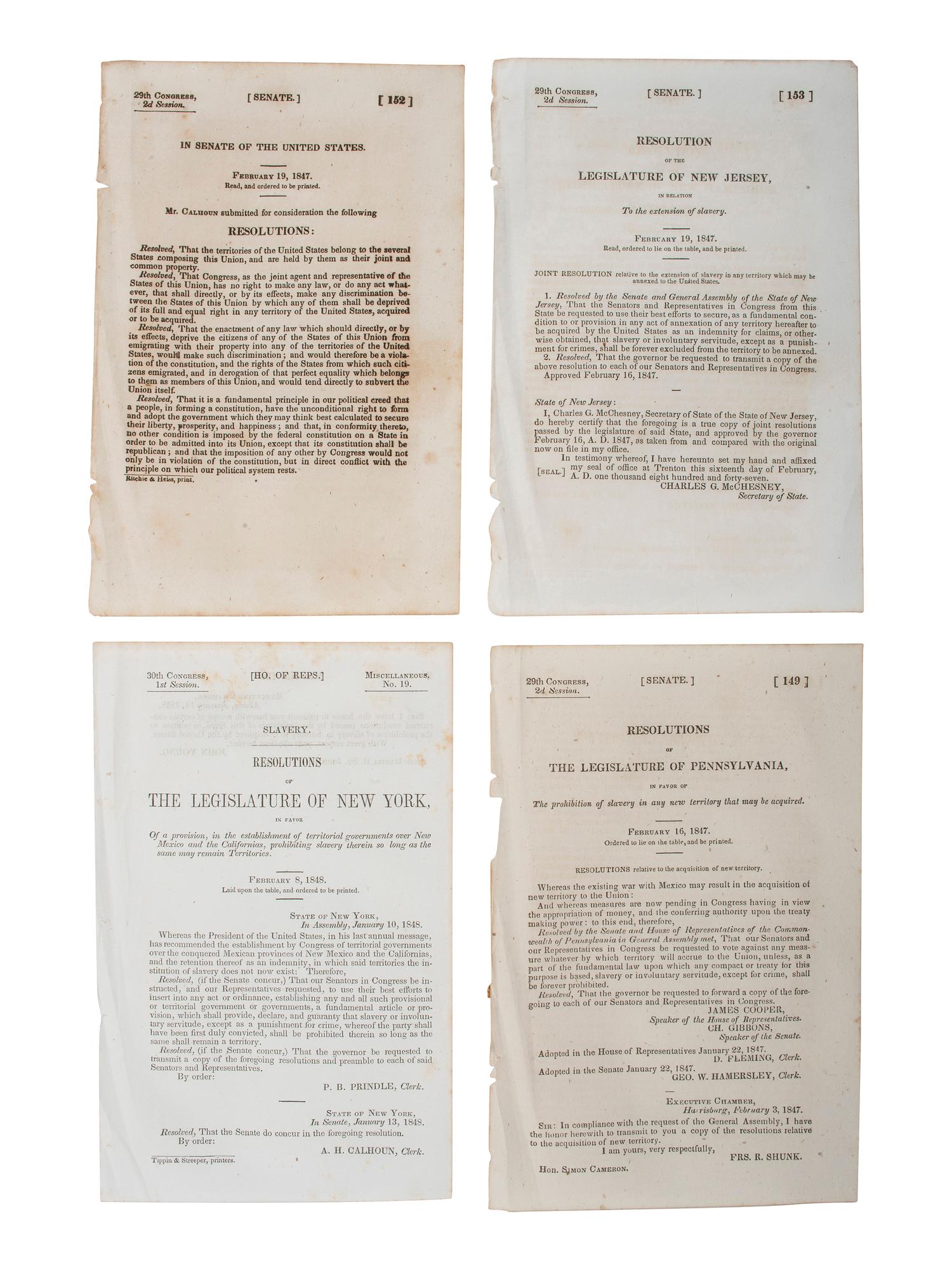 [SLAVERY & ABOLITION]. A group of 7 state and federal resolutions related to slavery, especially the expansion into new territories, comprising: