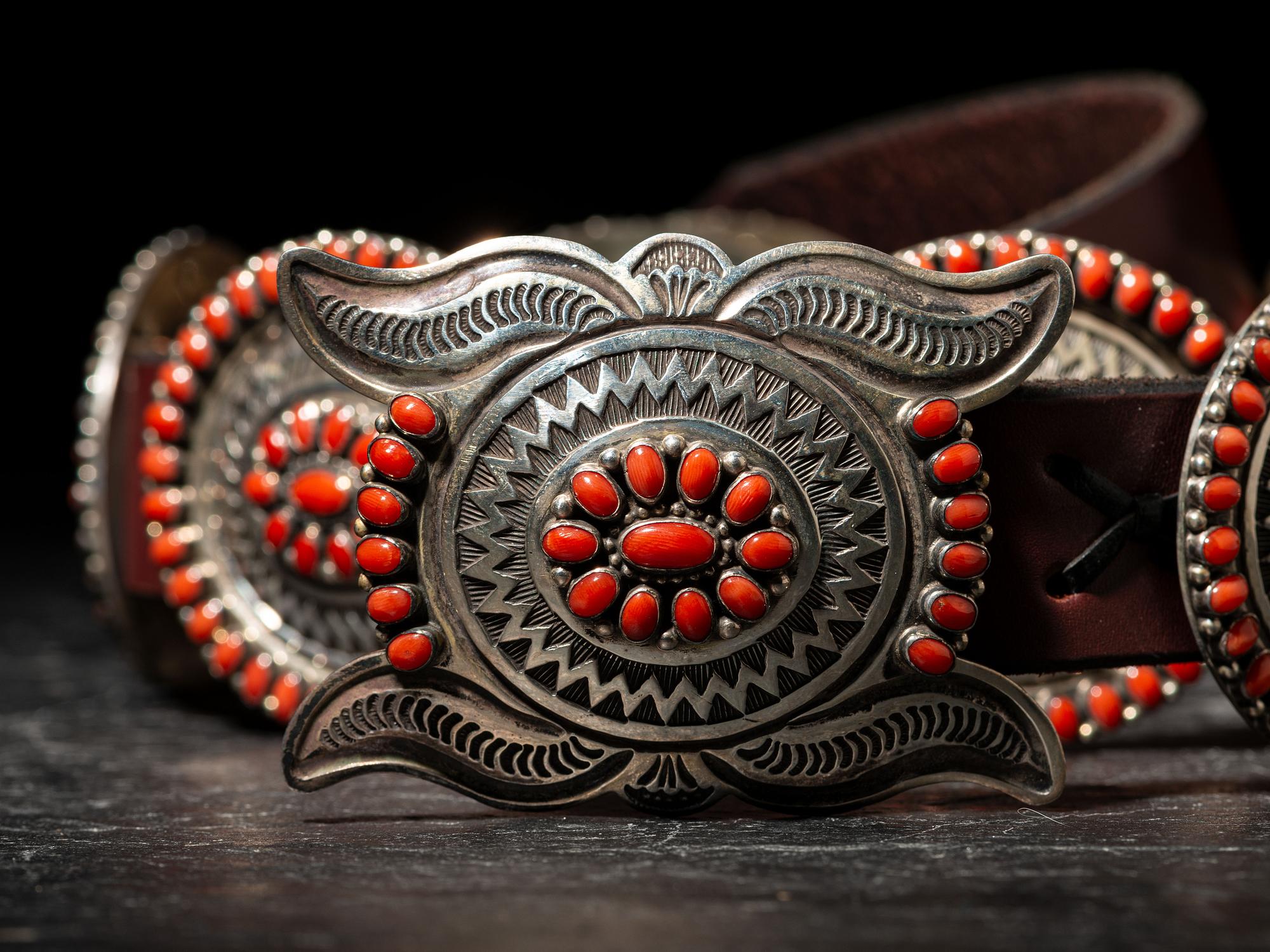 Sterling Silver and Coral Cluster Concha Belt