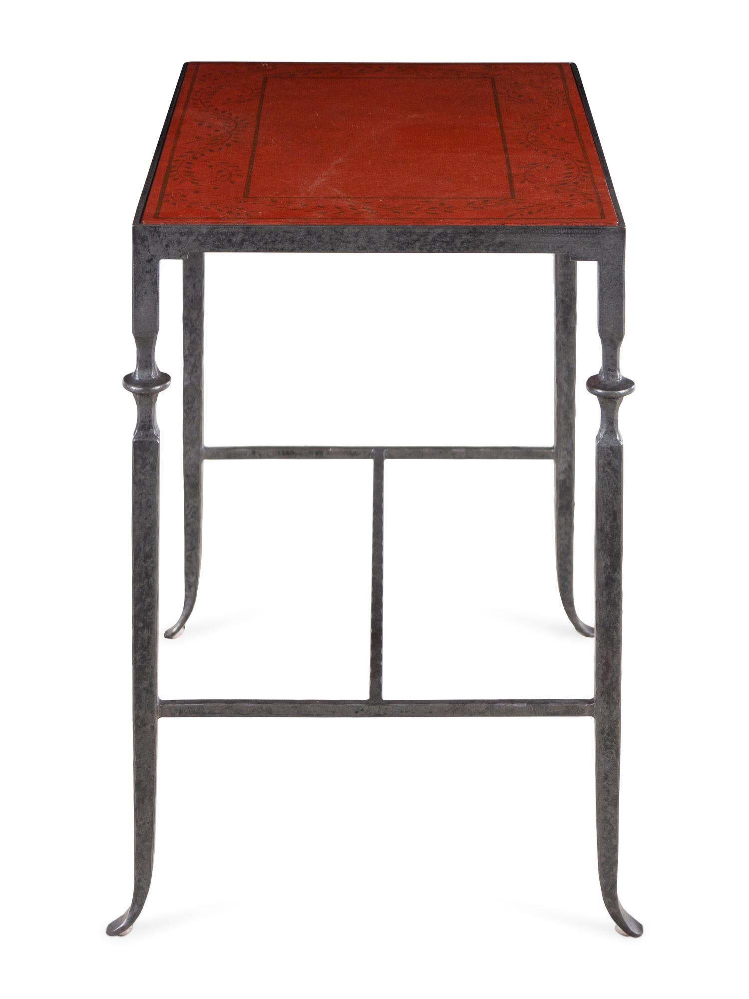 A Pair of Contemporary Steel Side Tables with Inset Painted Tops