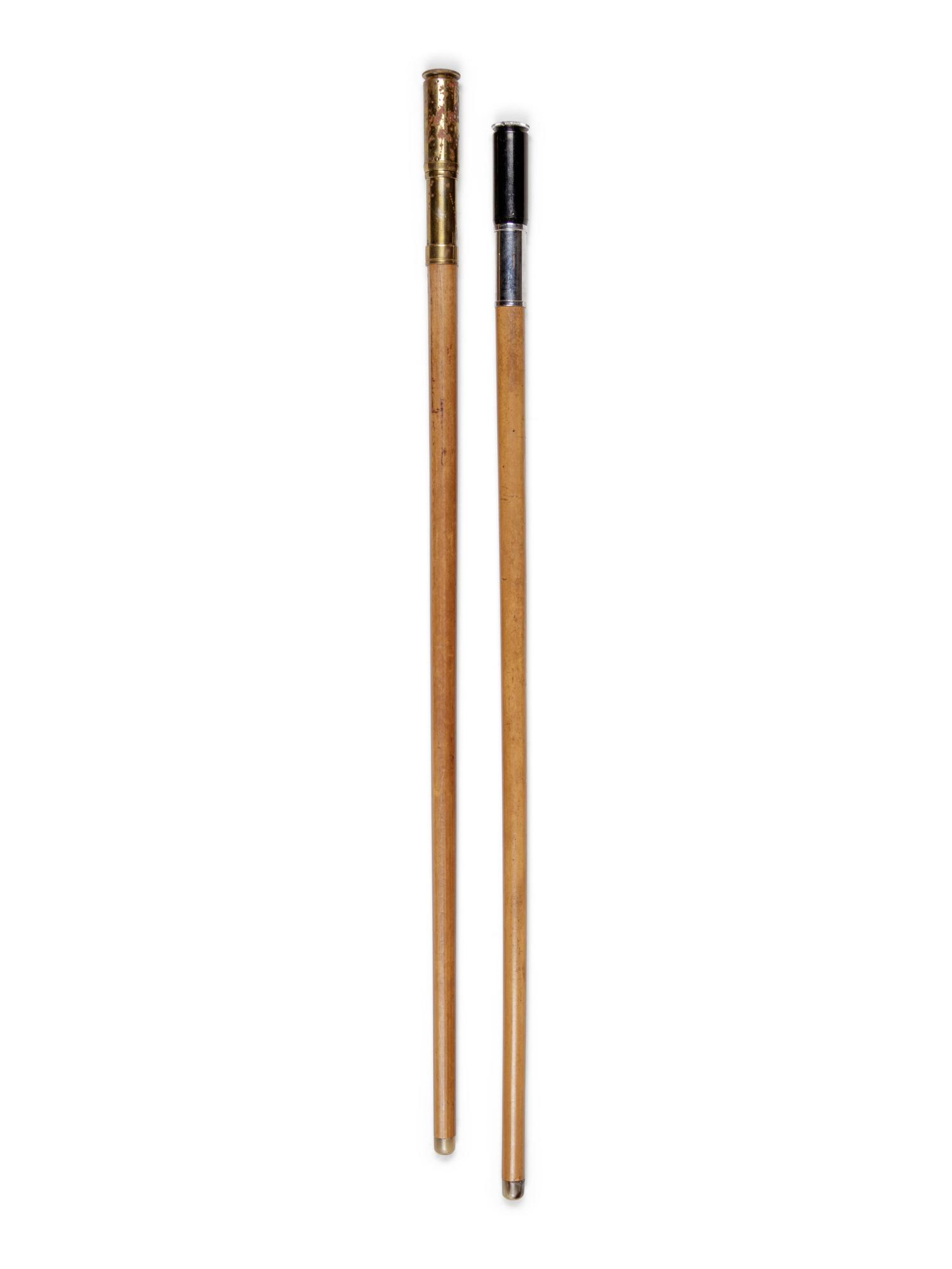 Two English Metal Mounted Otis King Pocket Calculator System Walking Sticks