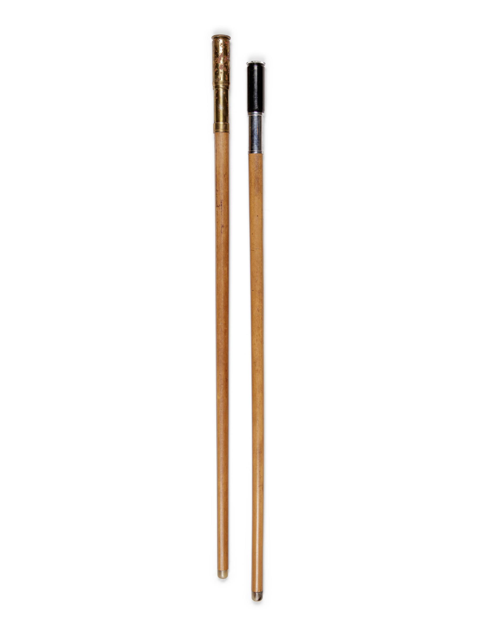 Two English Metal Mounted Otis King Pocket Calculator System Walking Sticks