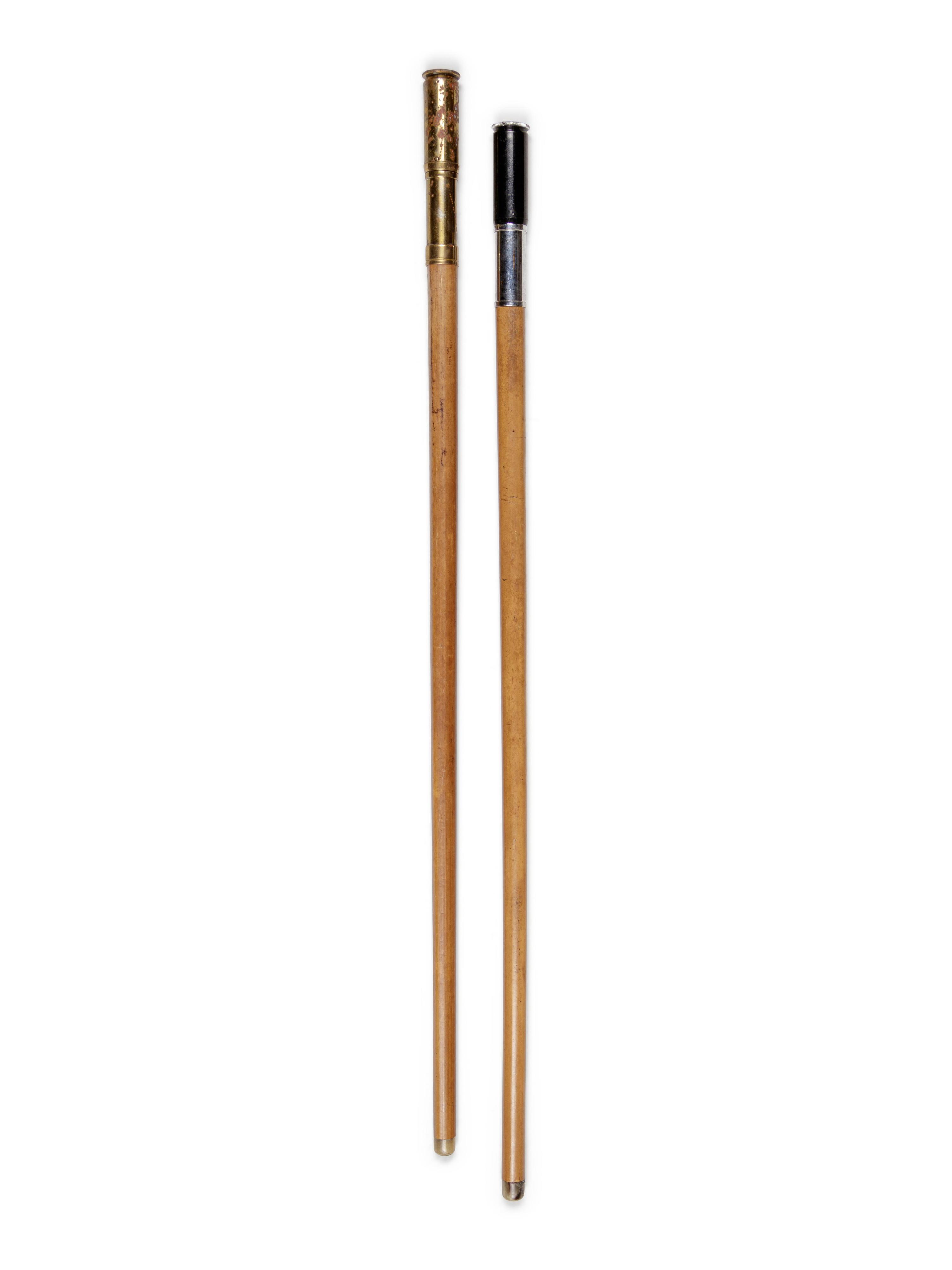 Two English Metal Mounted Otis King Pocket Calculator System Walking Sticks