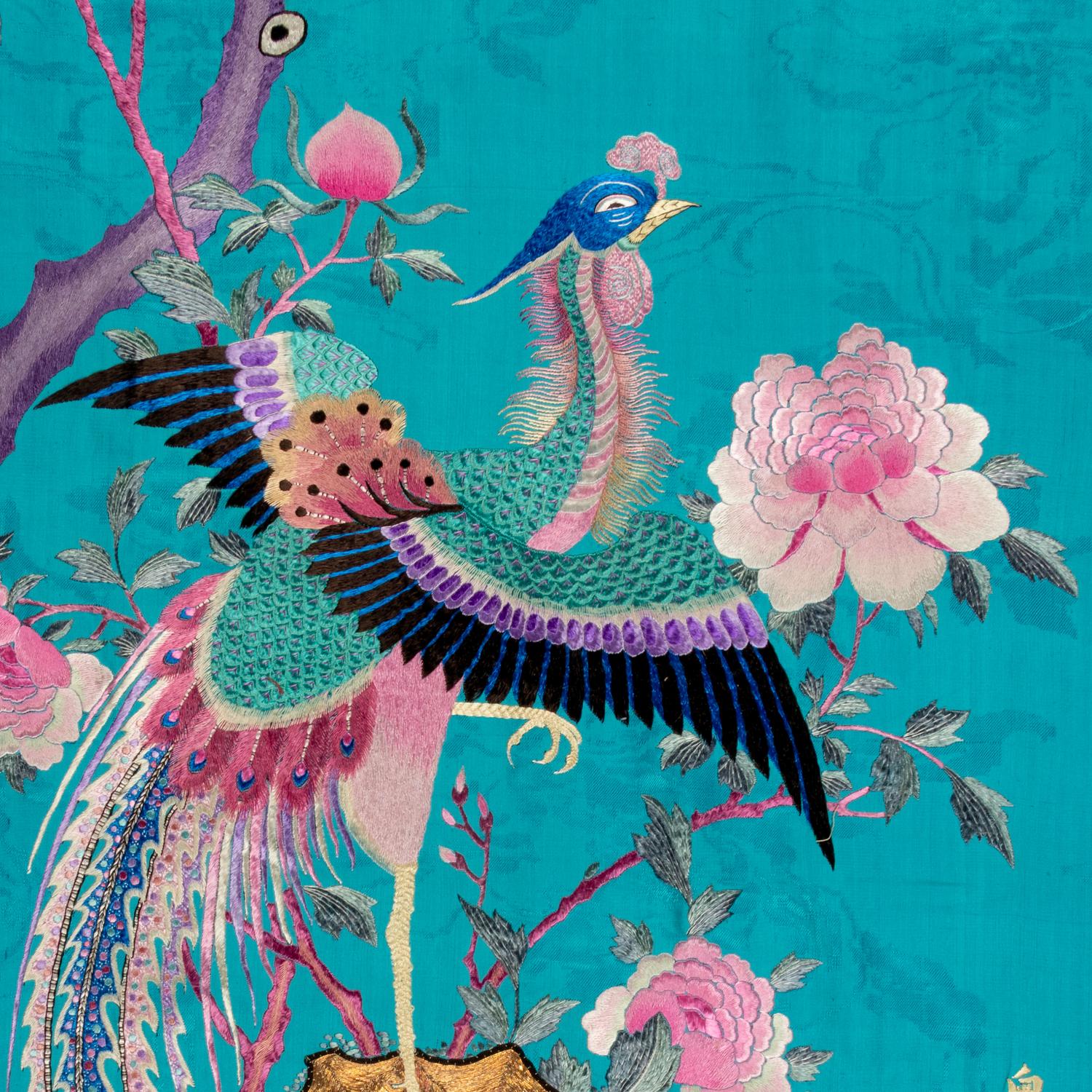 A Large Chinese Embroidered Silk Hanging Panel, Late 19th Century 清晚期 藍地綉花鳥大挂賬