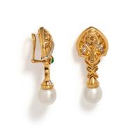 YELLOW GOLD, CULTURED PEARL, EMERALD AND DIAMOND EARCLIPS