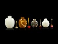 Four Chinese Hardstone and Peking Glass Snuff Bottles