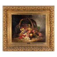 Alfred Arthur Brunel de Neuville (French, 1852–1941) — Still Life with Currants and Peaches Spilling from a Basket