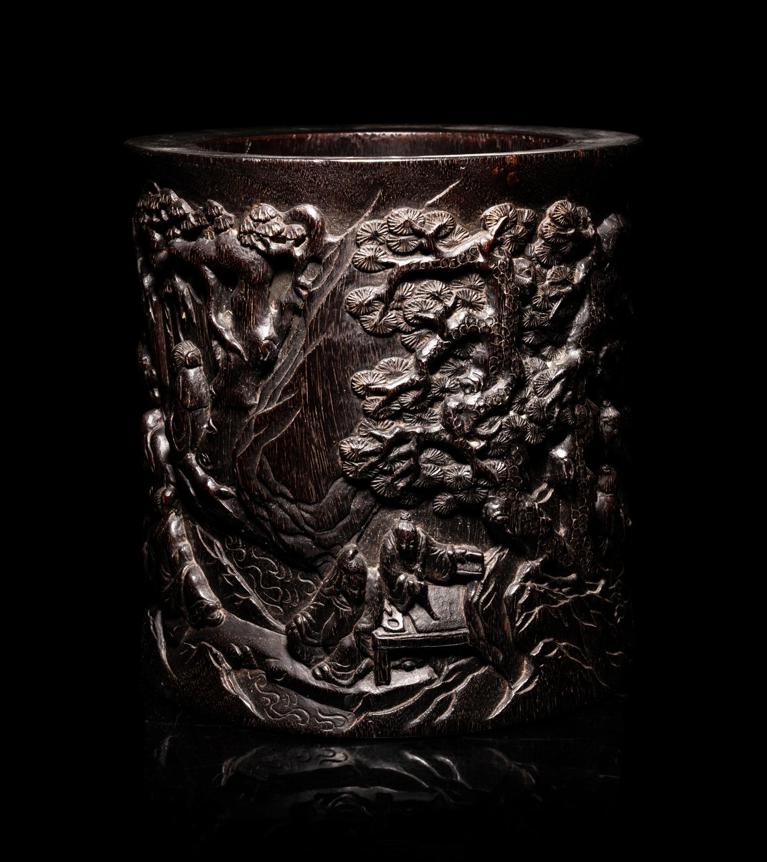 A Large Chinese Carved Hardwood Brushpot, Bitong