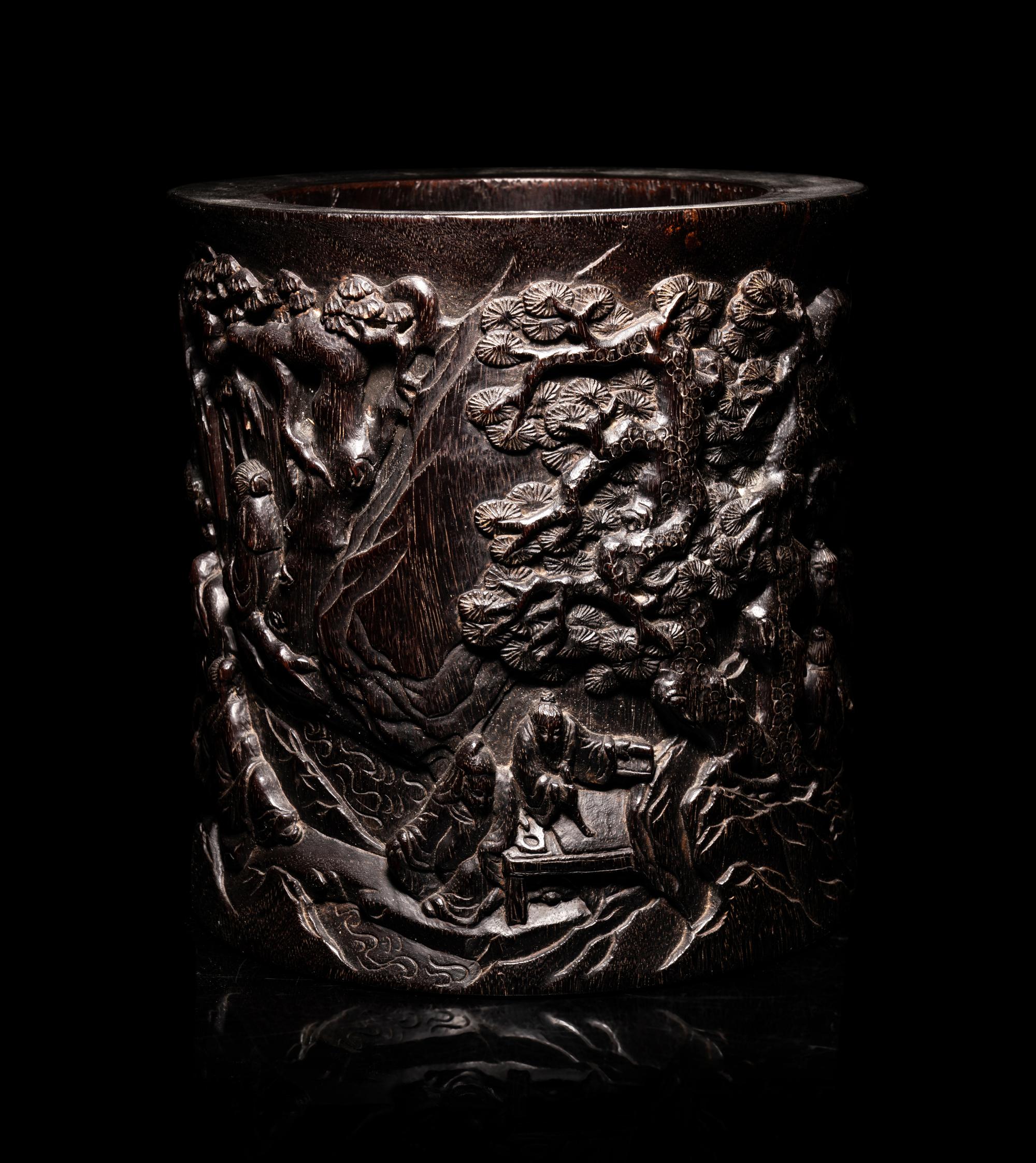 A Large Chinese Carved Hardwood Brushpot, Bitong