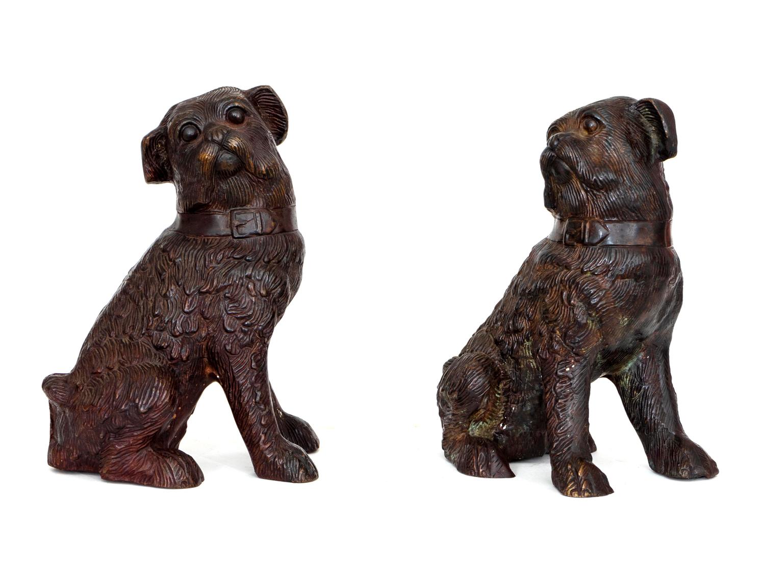 A Pair of Continental Patinated Bronze Figures of Seated Dogs — 20TH CENTURY