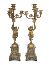 A Pair of Empire Style Gilt Bronze and Marble Four-Light Candelabra