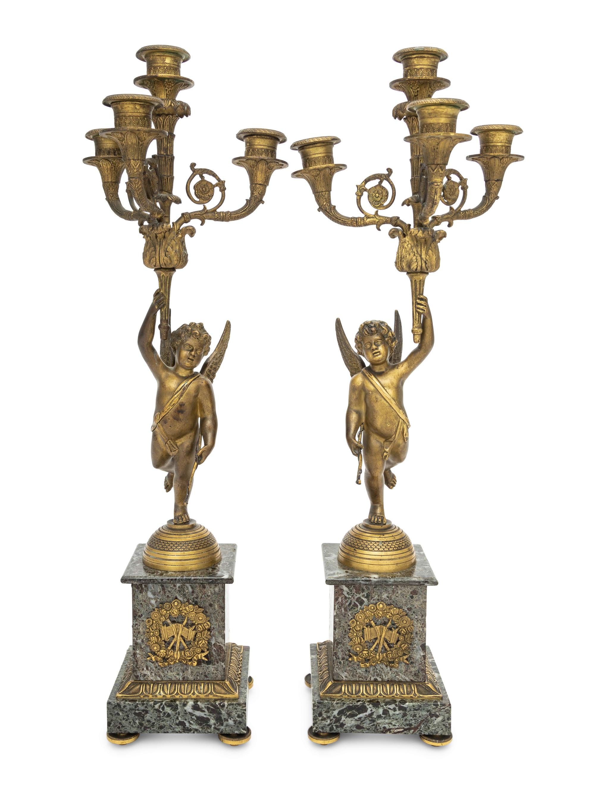 A Pair of Empire Style Gilt Bronze and Marble Four-Light Candelabra
