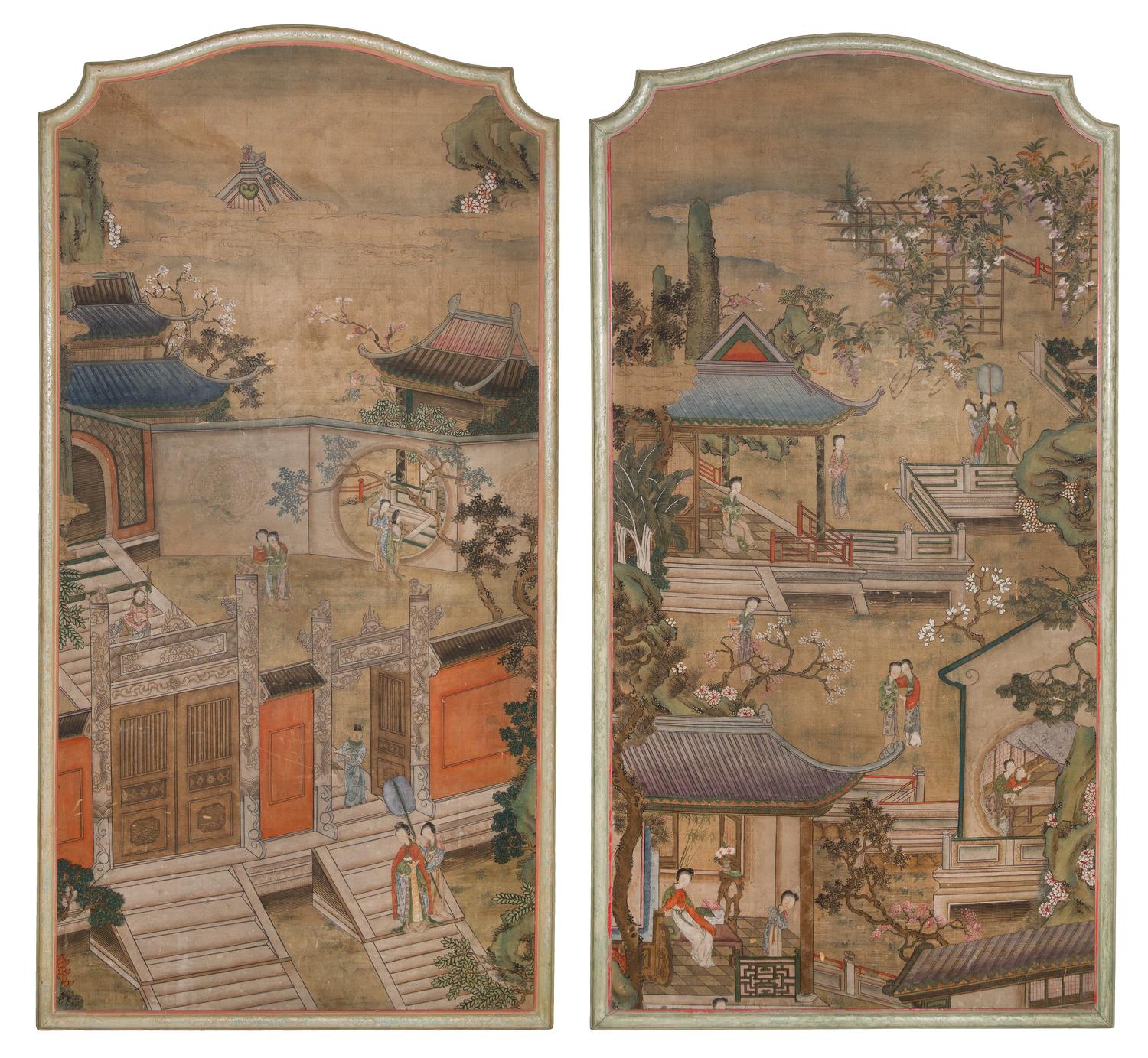 Two Ink and Color on Silk Paintings LIKELY 19TH CENTURY Height of each 69 x 35 1/4 inches. — LIKELY 19TH CENTURY