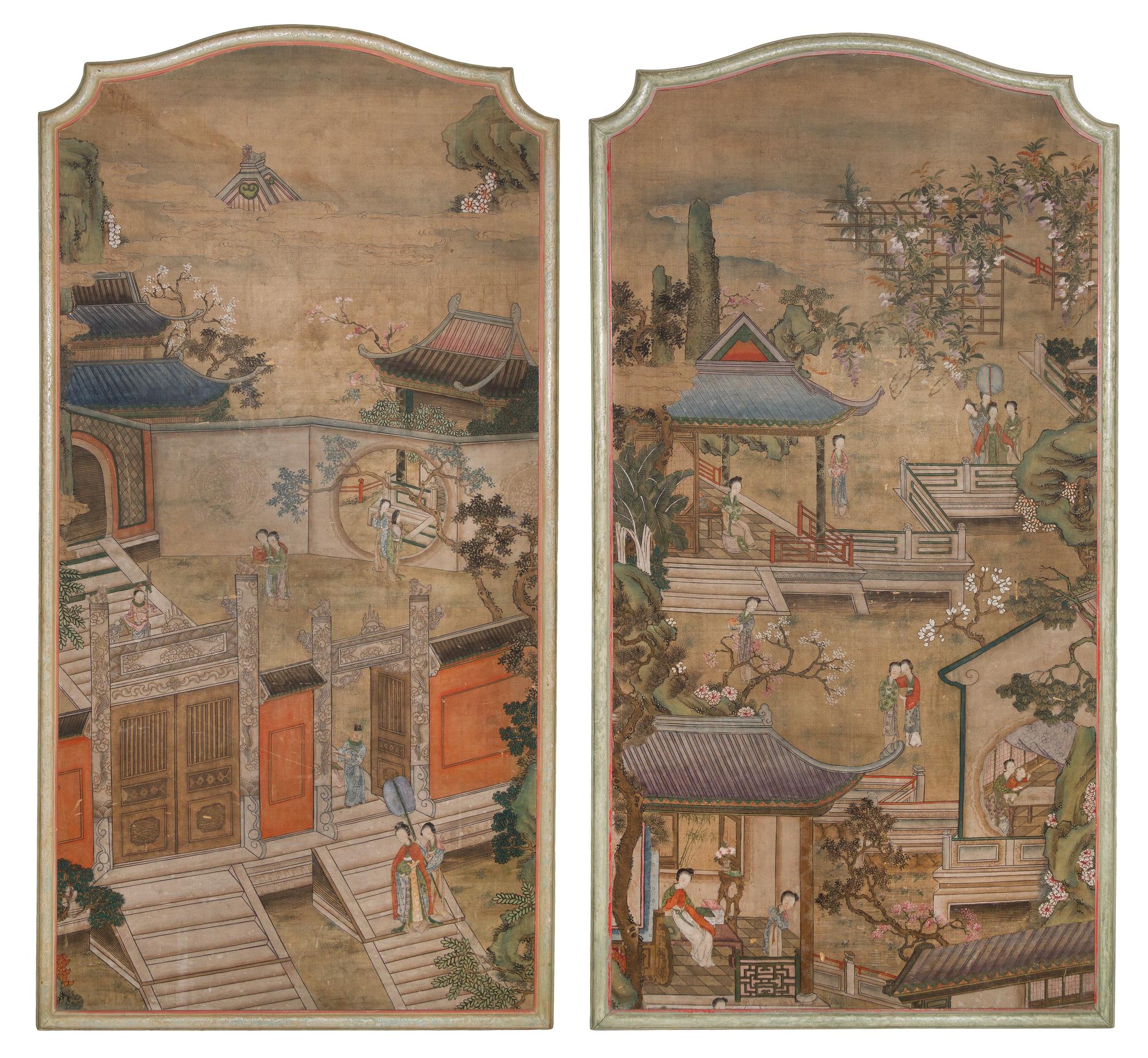 Two Ink and Color on Silk Paintings LIKELY 19TH CENTURY Height of each 69 x 35 1/4 inches. — LIKELY 19TH CENTURY