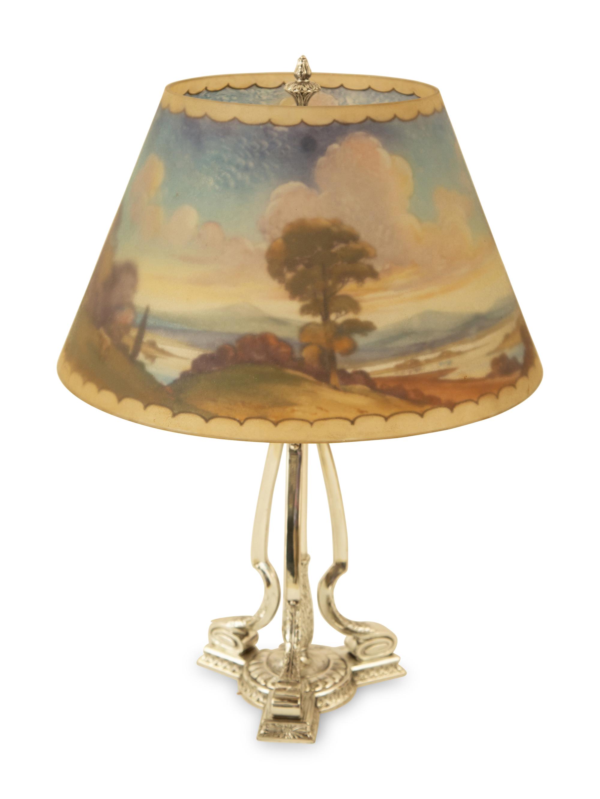A Silver-Plate Table Lamp with a Reverse-Painted Glass Shade