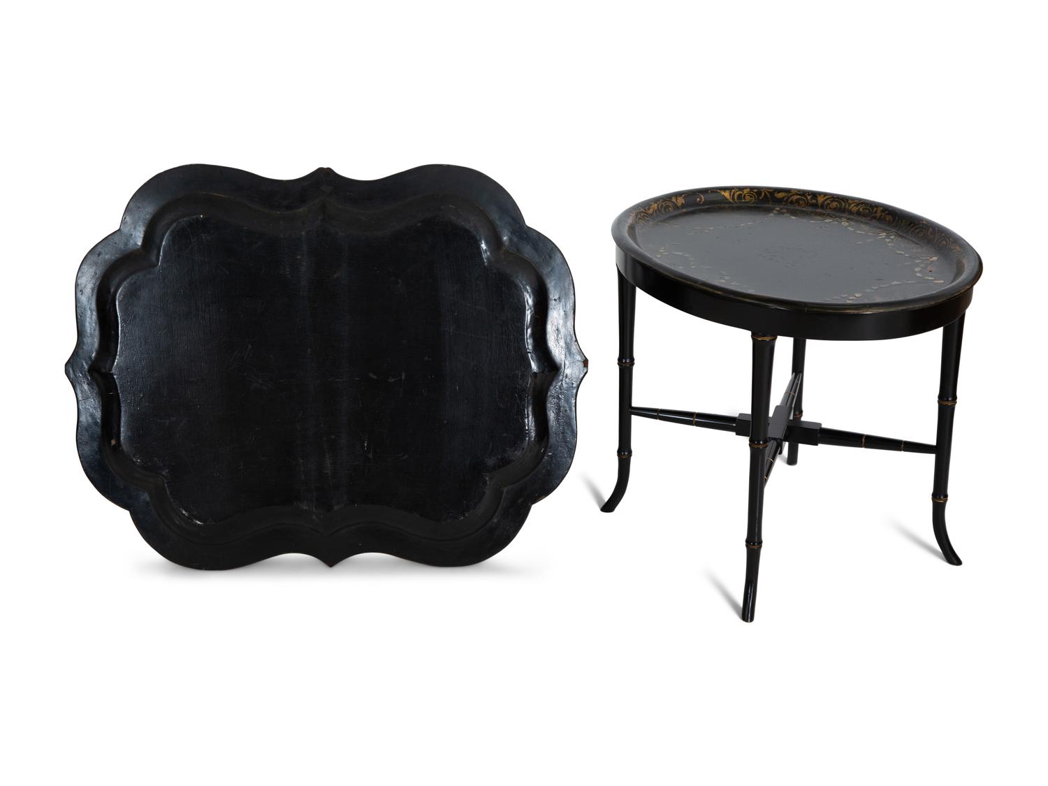 Two English Black and Gilt Lacquer Trays — 19th Century