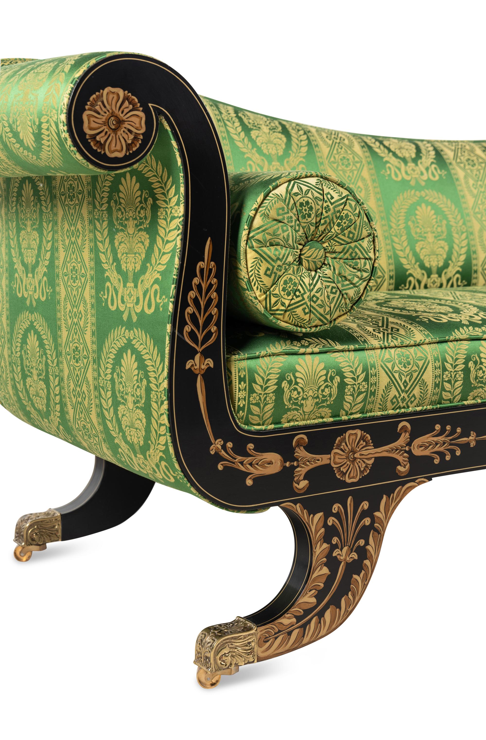 A Classical Style 'Baltimore' Black-Painted and Gilt Settee with Scalamandré Upholstery