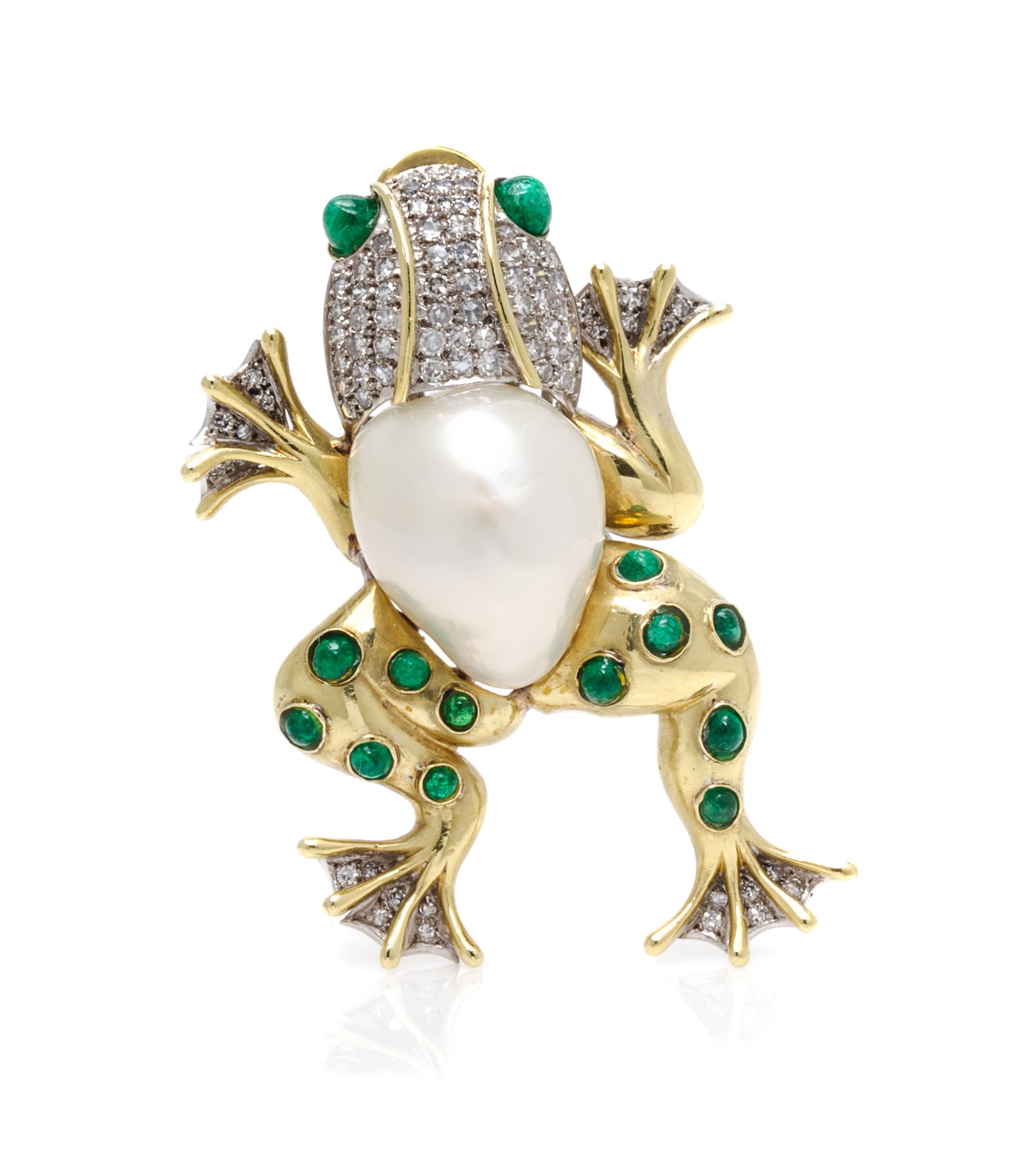 An 18 Karat Two Tone Gold, Cultured Pearl, Diamond and Emerald Frog Brooch, Trio, 11.50 dwts.