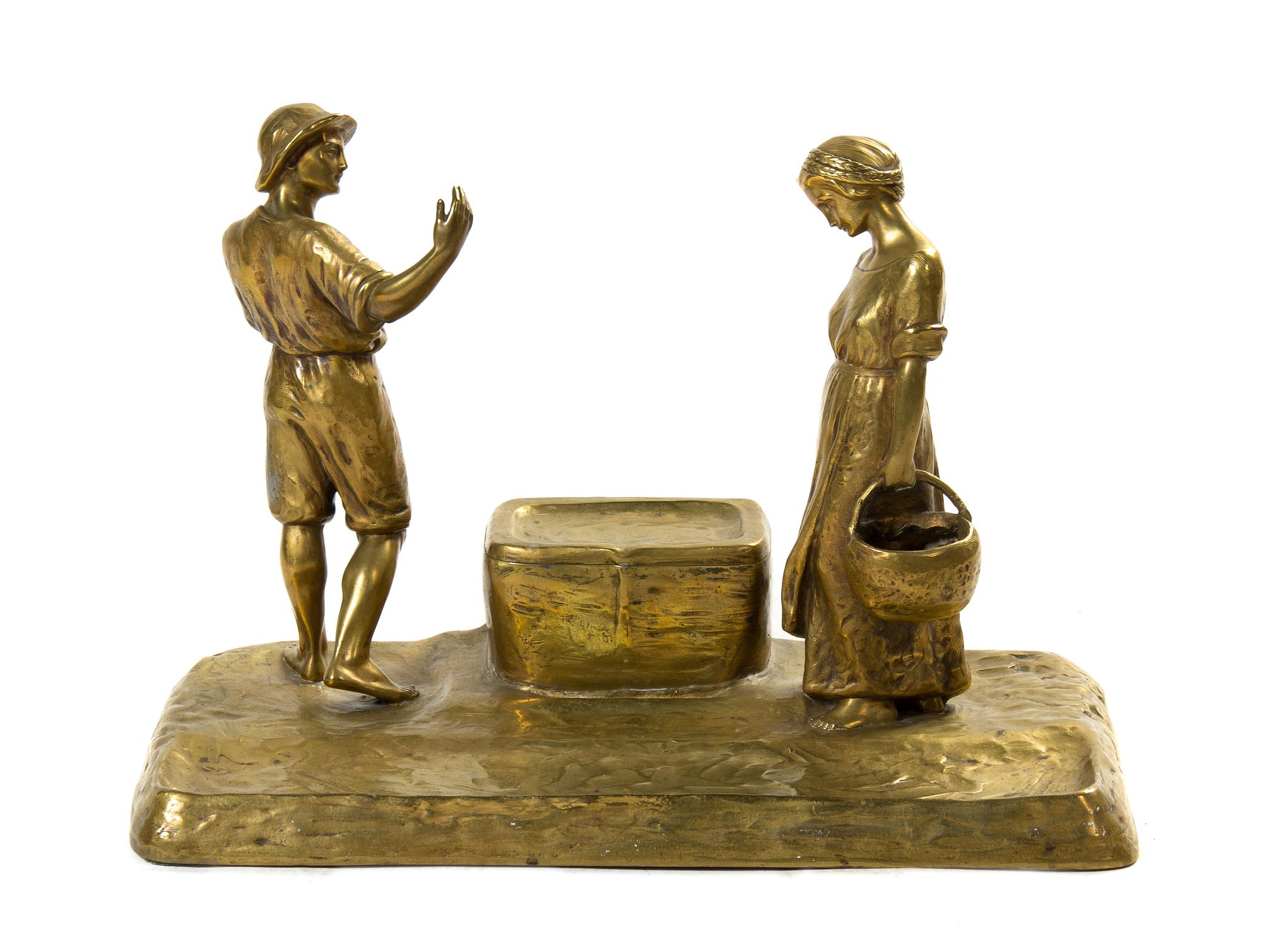 An Austrian Gilt Bronze Figural Encrier, Peter Tereszczuk (1875-1963), Height 11 x width 15 1/2 x depth 8 inches.