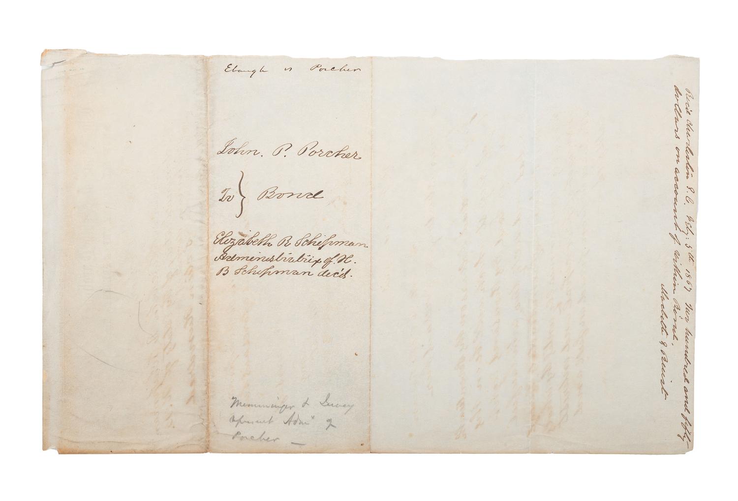 [SLAVERY & ABOLITION -- CIVIL WAR]. Partly printed bond regarding the estate of Slaveholder Herman Shipman. Charleston, SC, 17 August 1861. EARLY CONFEDERATE DOCUMENT AMENDING US PRINTED FORM.