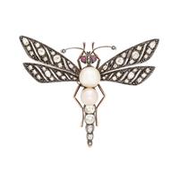 FRENCH, ANTIQUE, SILVER-TOPPED GOLD, NATURAL PEARL, DIAMOND AND RUBY DRAGONFLY BROOCH