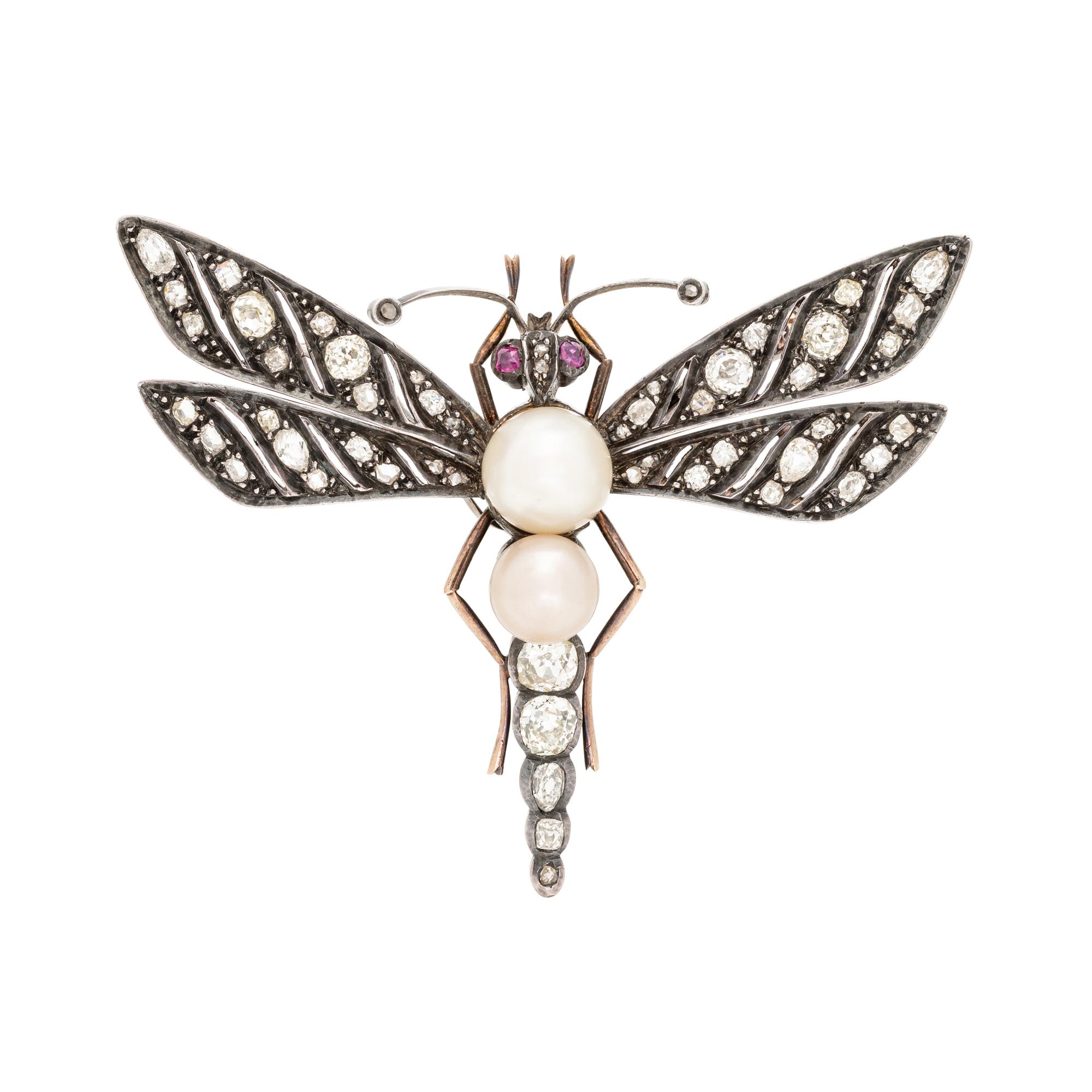 FRENCH, ANTIQUE, SILVER-TOPPED GOLD, NATURAL PEARL, DIAMOND AND RUBY DRAGONFLY BROOCH